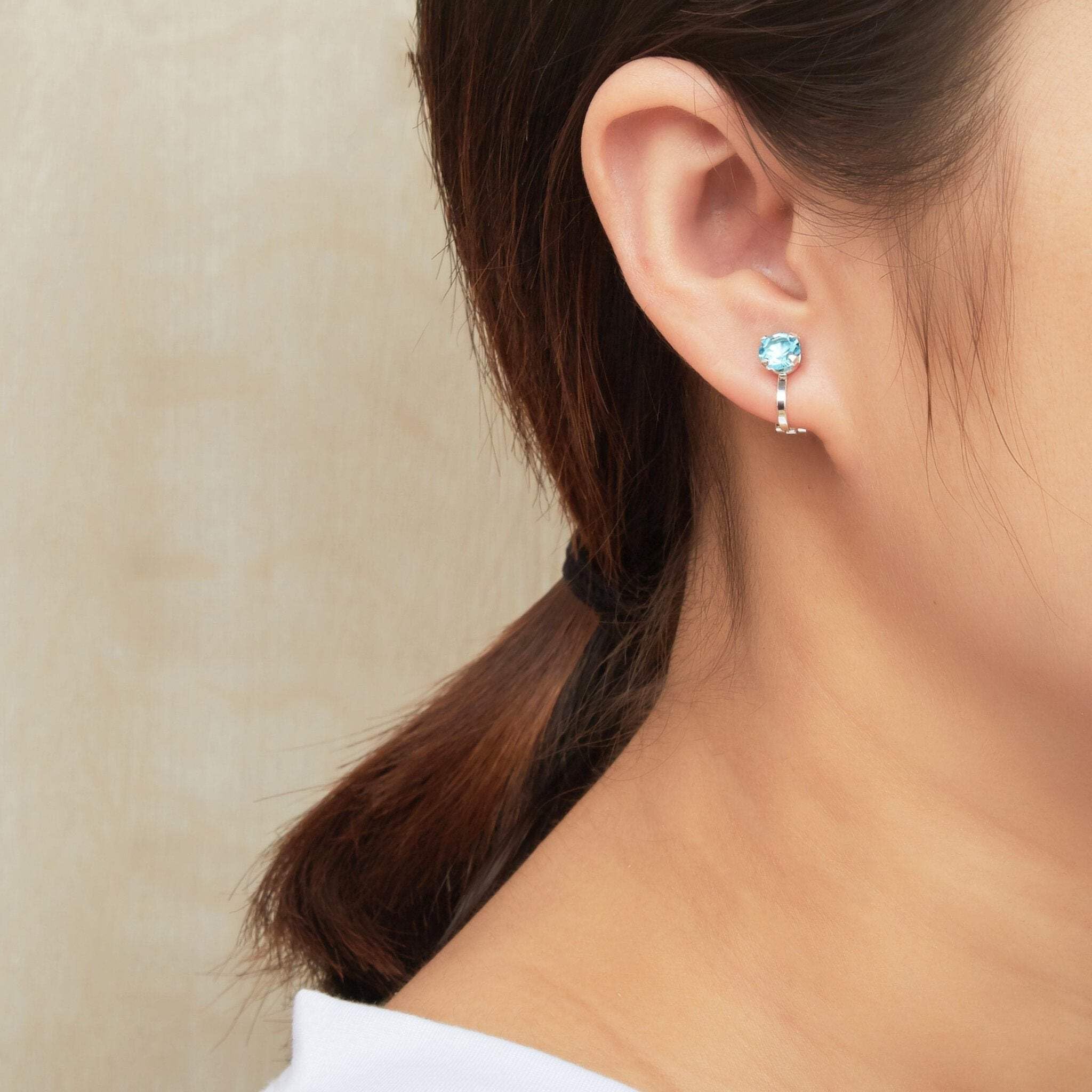 Aquamarine Clip-On Earrings with Zirconia for March Birthdays | Gift for Women