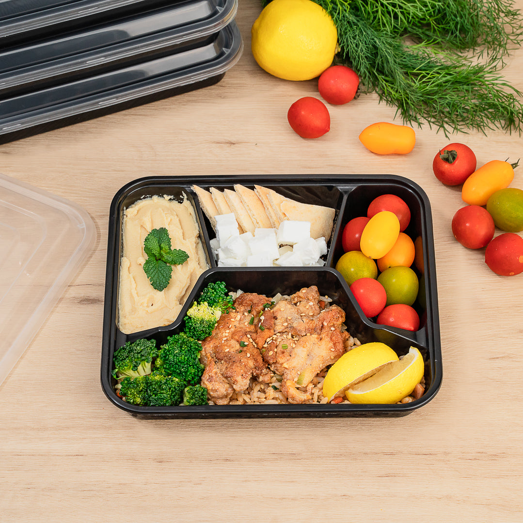 34 oz Black Plastic 4-Compartment Meal Prep Containers with Clear Lids - Microwave Safe (8.75