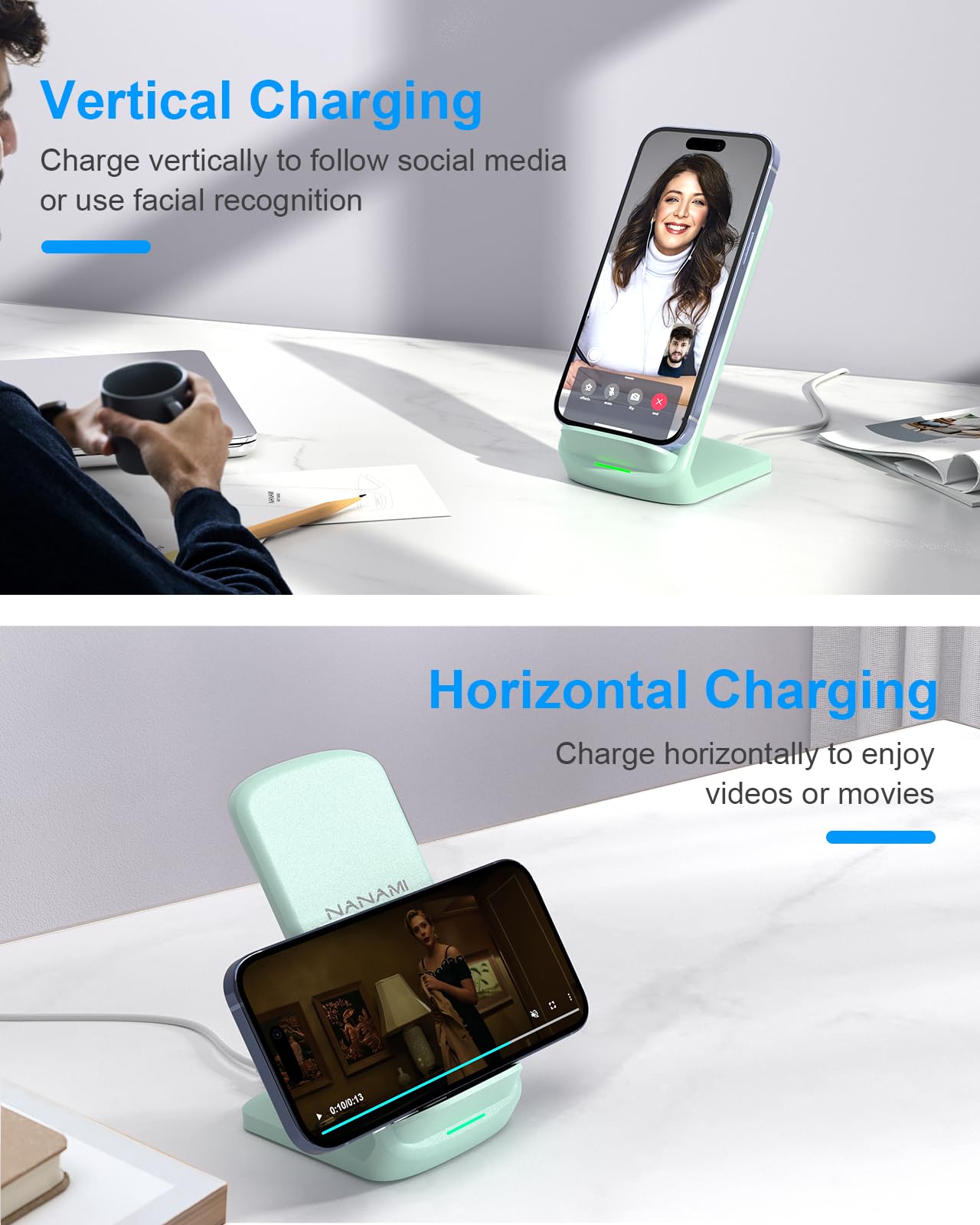 NANAMI Fast Wireless Charger Stand - Qi-Certified 15W Wireless Charging Pad for Samsung Galaxy S25/S24/S23/S22 Ultra/S21/S20 FE/S10/S9 & iPhone 16/15 Pro Max/14 Plus/13/12/11/XR/XS/8+ - Perfect for Home, Office, and Nightstand Charging