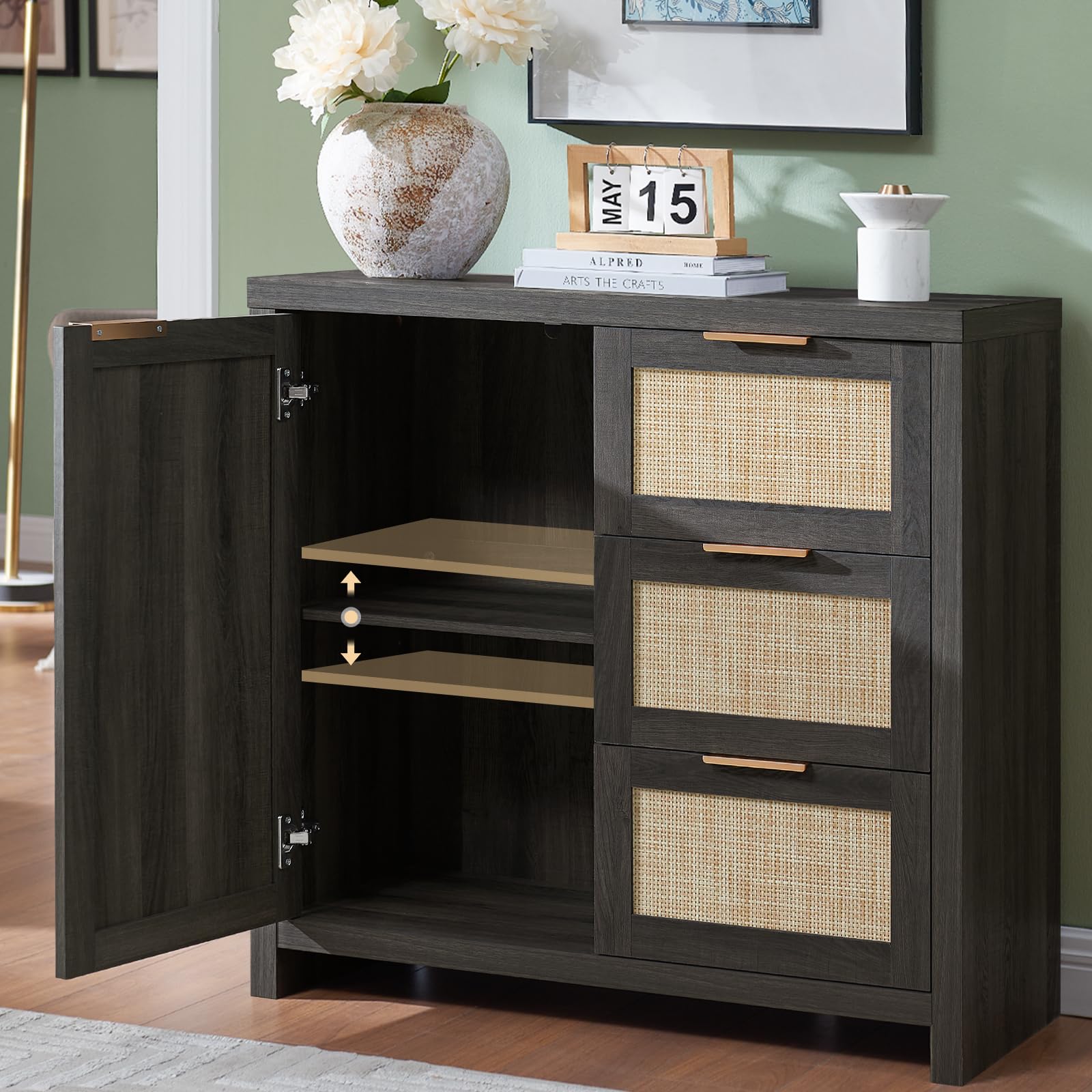 Hampstead 3-Drawer Rattan Storage Cabinet - Adjustable Shelves Kitchen Buffet Sideboard for Living Room, Hallway & Dining Room - Midnight Oak Finish | Perfect for Home Organization & Entertaining