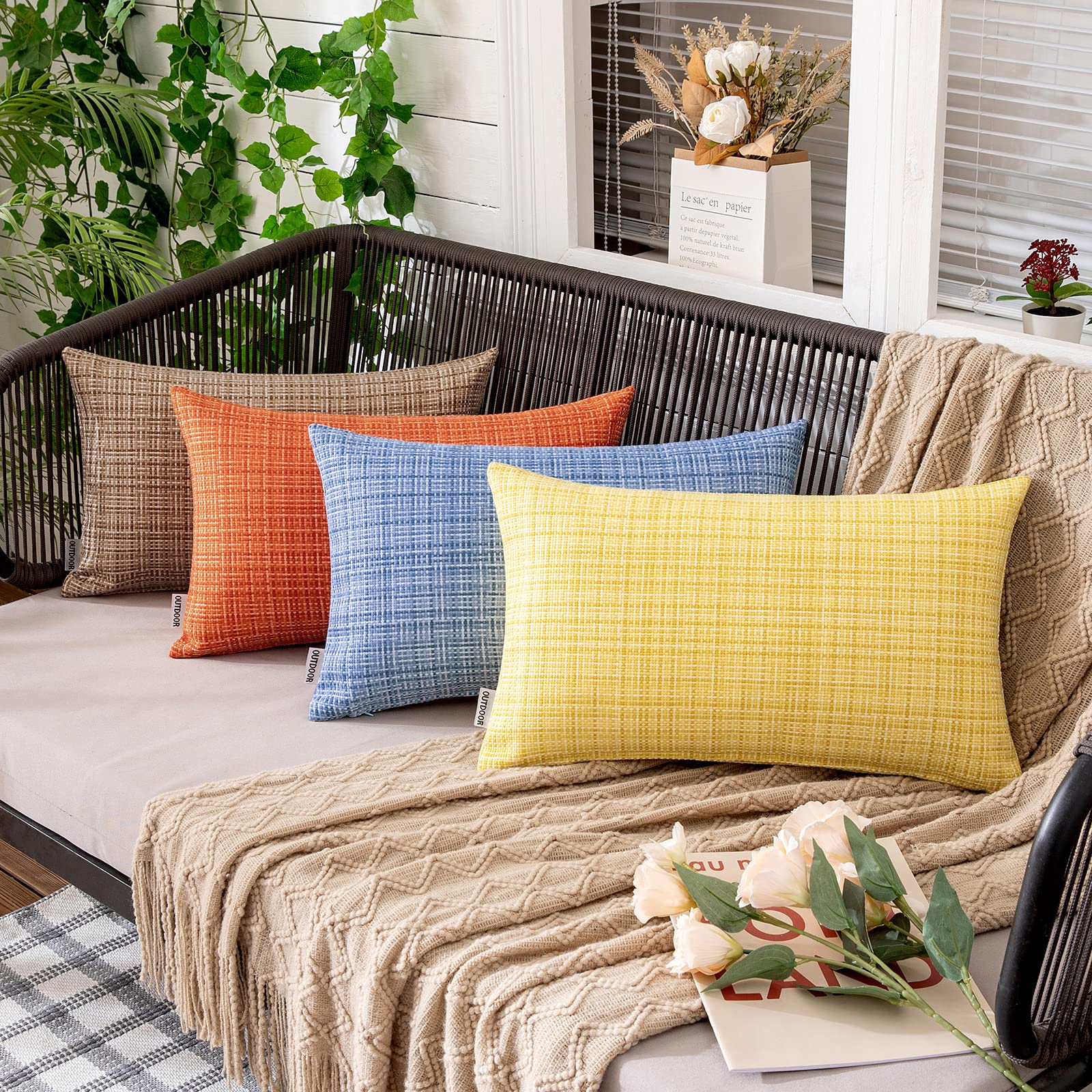 MIULEE Waterproof Outdoor Throw Pillow Covers - Farmhouse Decorative Cushion Covers for Patio, Garden, Sofa & Tent (Pack of 2, 12x20 Inch, Yellow) - Perfect for Outdoor Furniture, Camping & Home Decor
