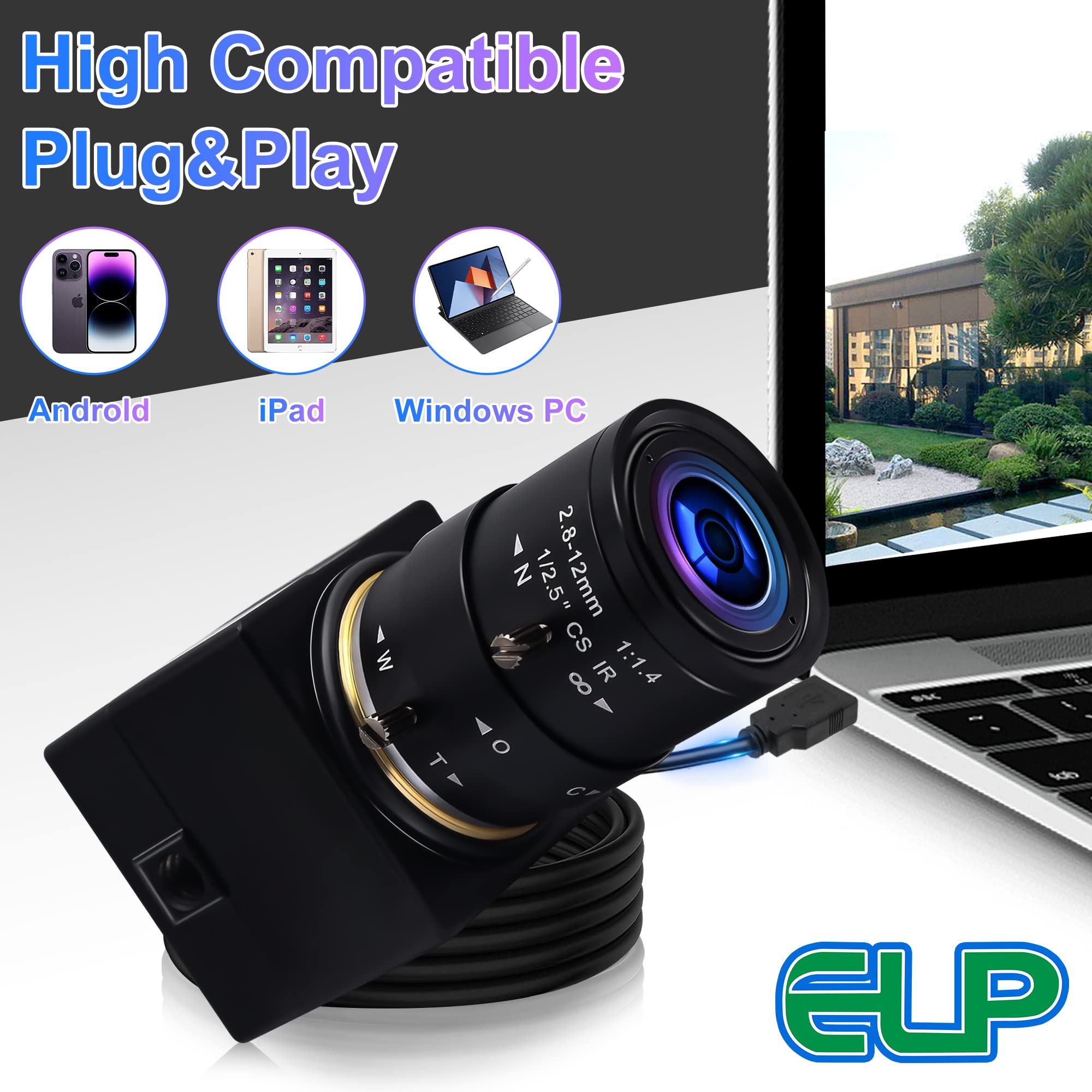 5MP USB Webcam with 2.8-12mm Manual Zoom Lens | UVC USB 2.0 PC Camera | Variable Focus for Computers, Laptops & Raspberry Pi | Perfect for Video Conferencing, Live Streaming & Close-up Industrial Inspection