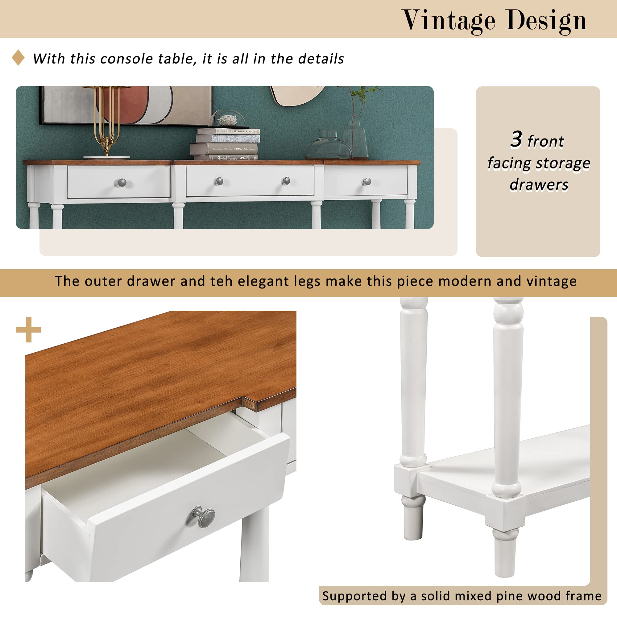 Solid Wood Console Table Sofa Table - Classic Entryway Table with Storage Shelf & Drawer - Narrow Accent Table Furniture for Living Room, Hallway, Bedroom (White+Brown) - Perfect for Home Decor, Small Space Organization & Entryway Storage