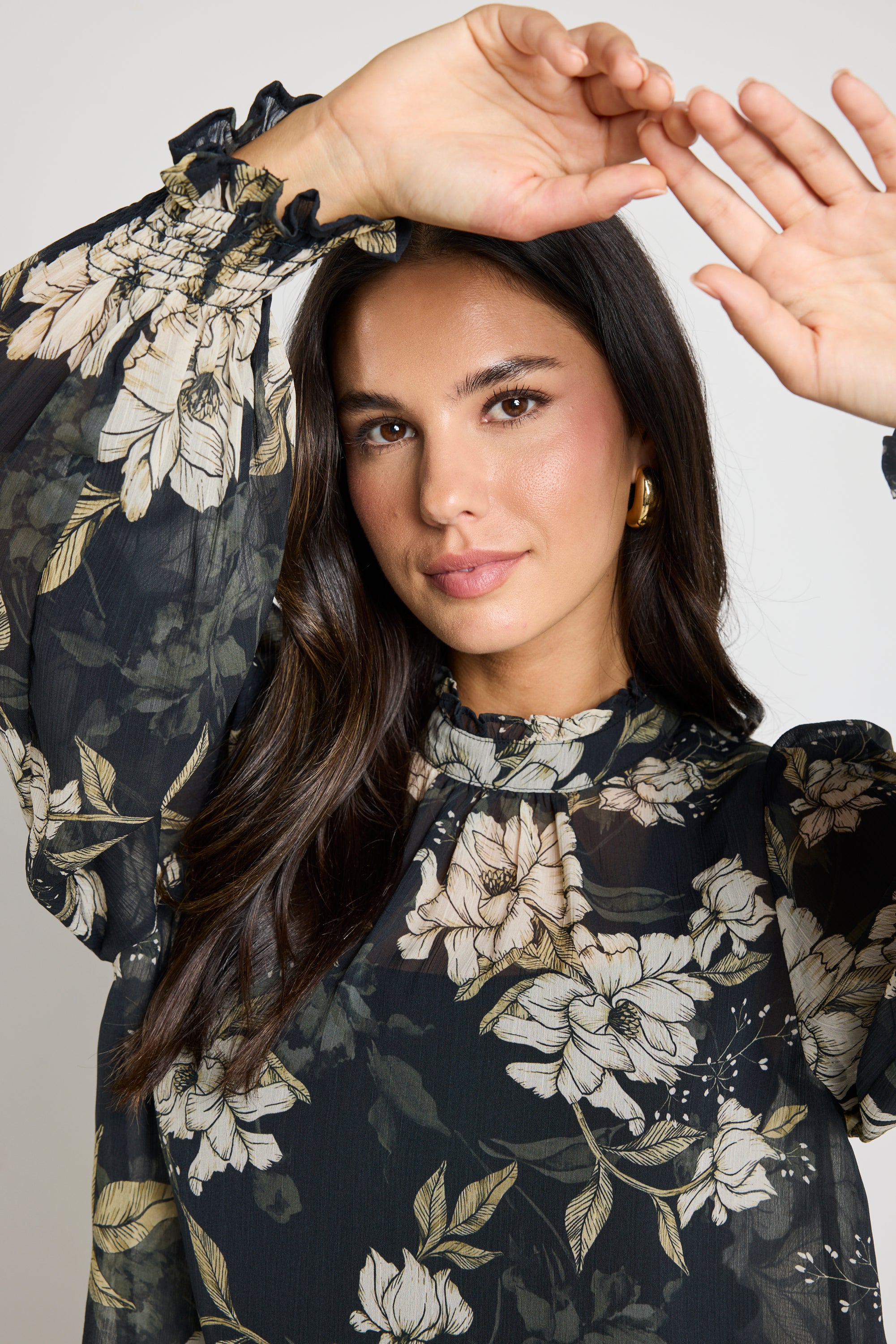 Elegant Poet Black Floral Print Long Sleeve High Neck Blouse - Perfect for Office Wear, Date Nights & Special Occasions