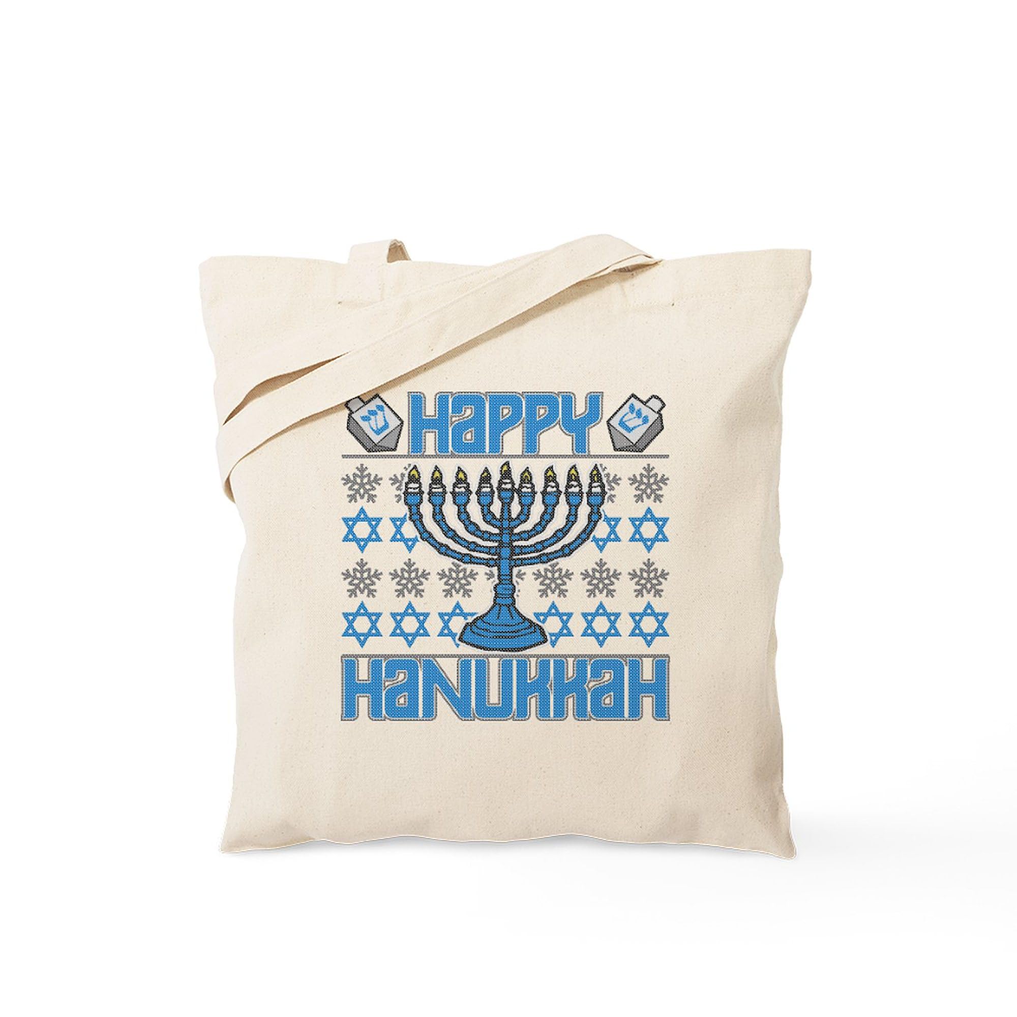 Happy Hanukkah Tote Bag - Natural Canvas Reusable Shopping Bag for Holiday Gifts, Groceries & Everyday Use