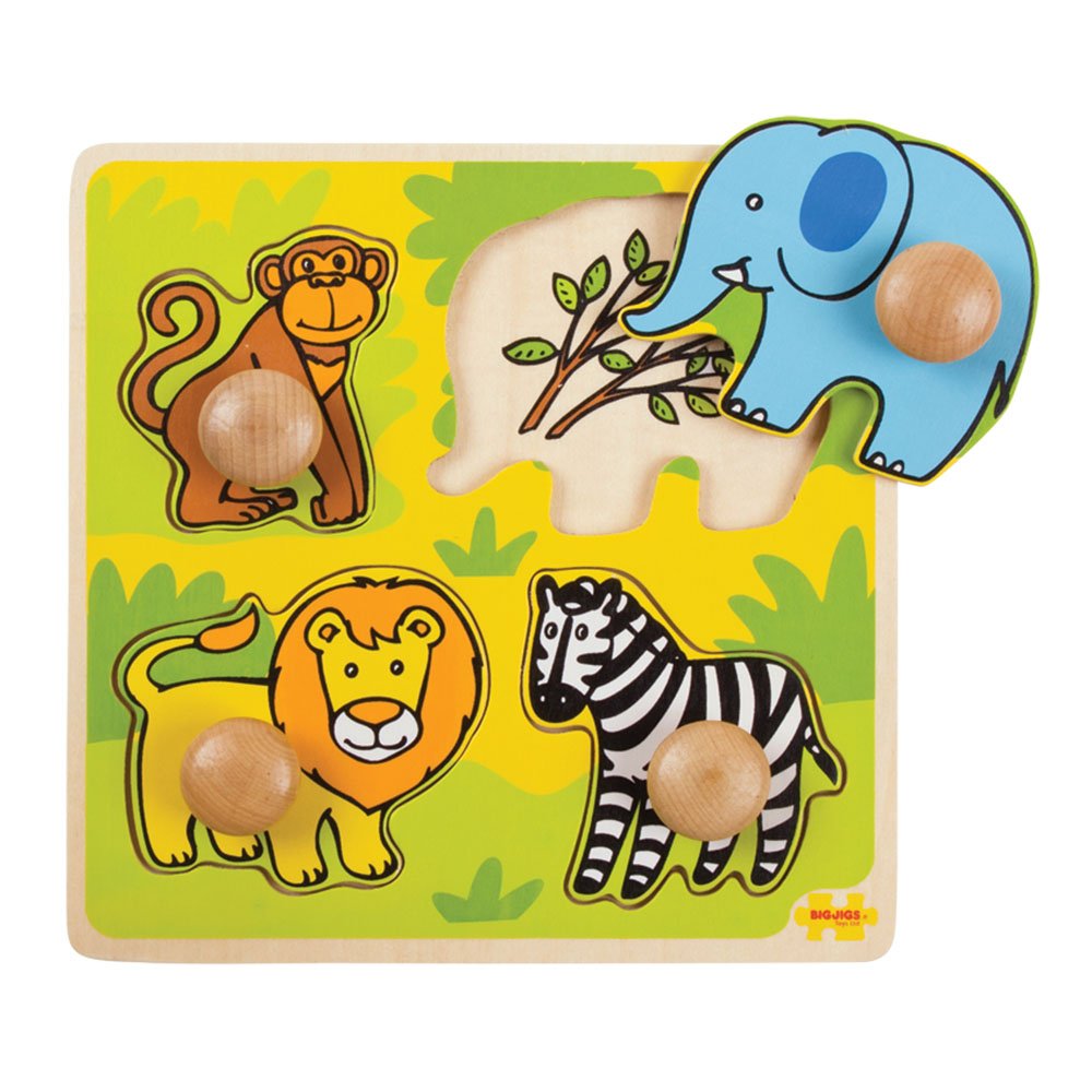 Bigjigs Toys Wooden Peg Puzzle Safari - Educational Animal Puzzle for Toddlers 1+ Years, Fine Motor Skills Development Toy for Babies & Kids, First Wooden Jigsaw Puzzle - Perfect for Early Learning & Playtime at Home or Preschool