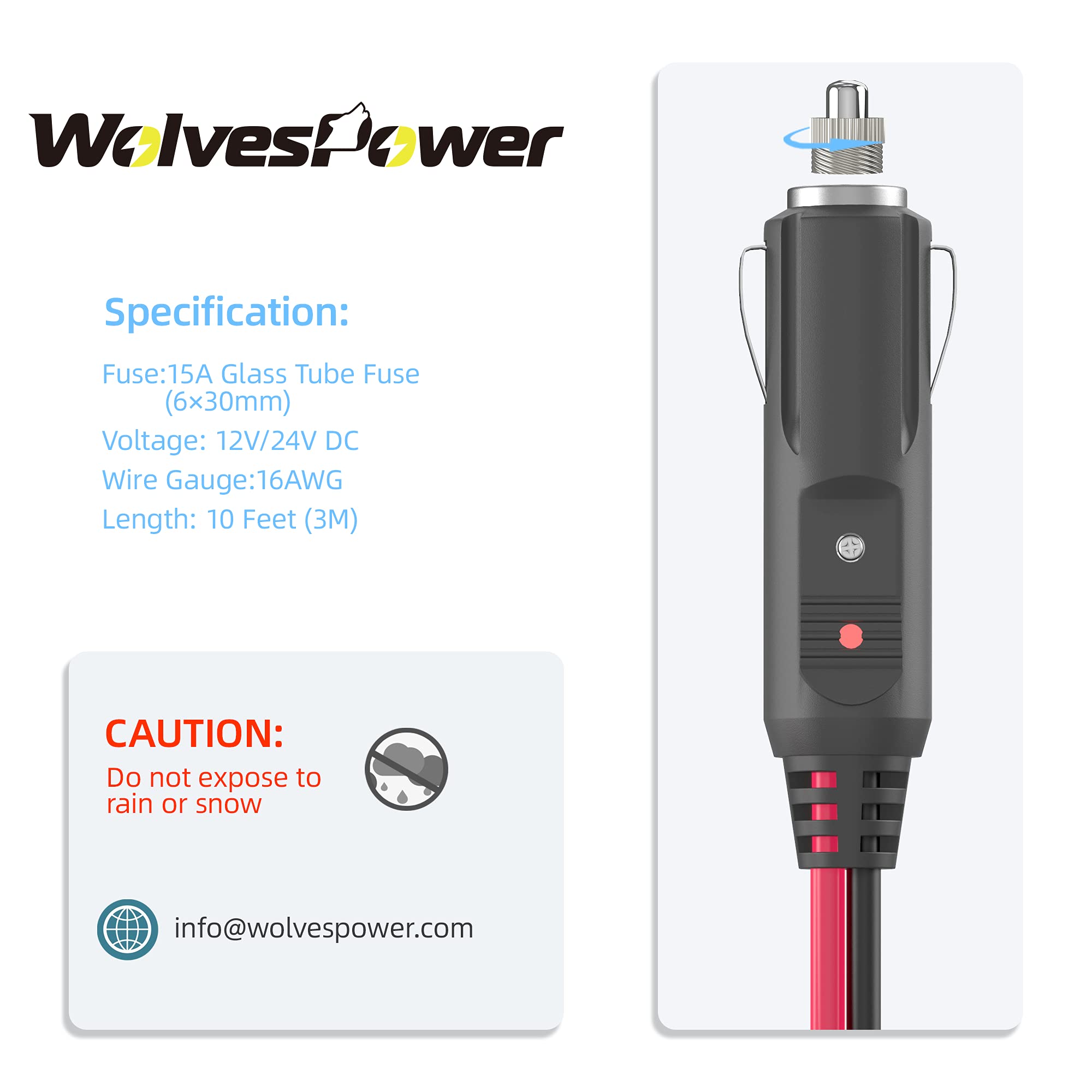 WolvesPower 3FT 12V/24V Cigarette Lighter Splitter - Dual USB Car Charger Adapter with 14AWG 15A Fuse, Male to 2 Female Sockets for Truck, RV, Boat - Perfect for Charging Phones, GPS & Car Accessories On The Go