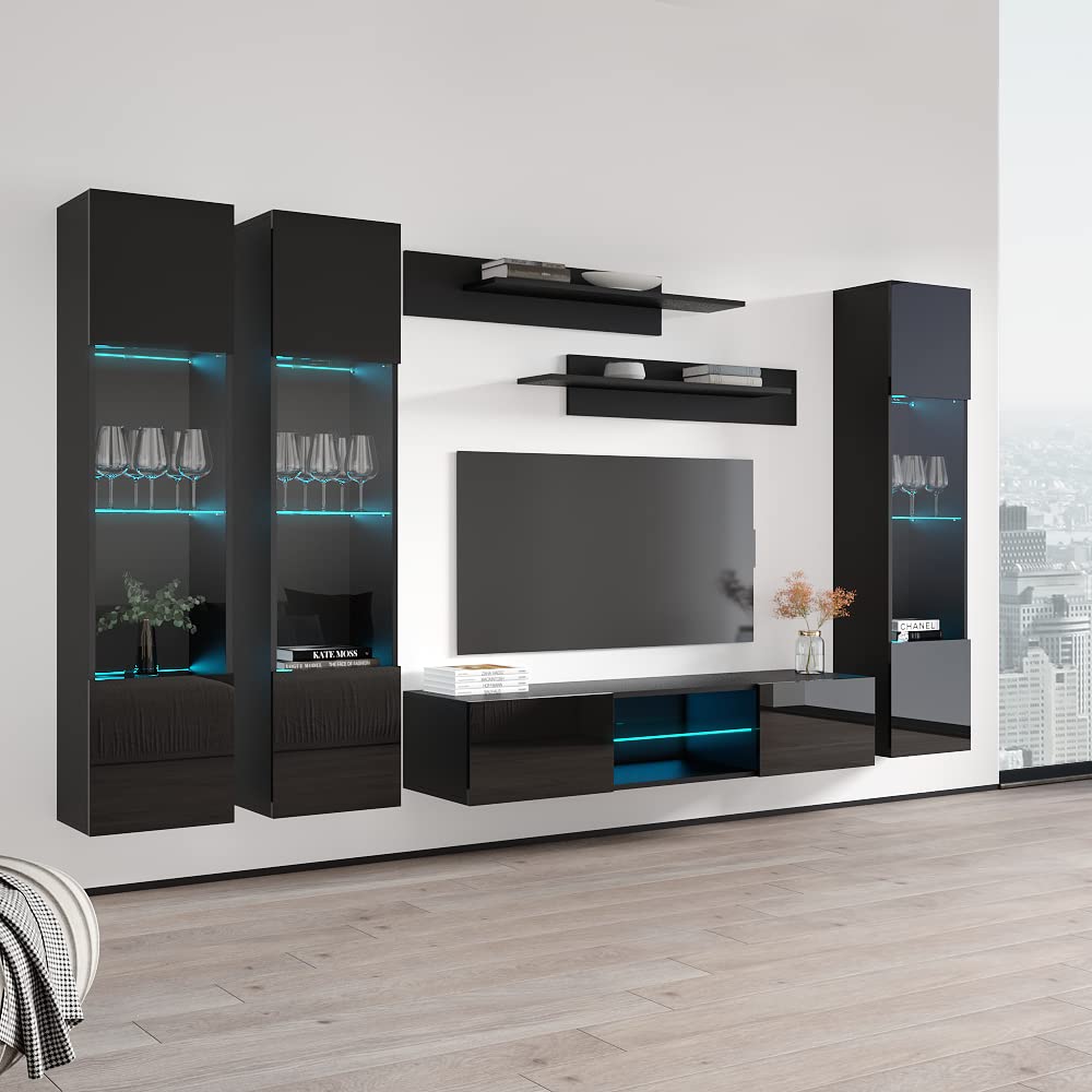 Modern Floating TV Stand with Storage & LED Lights - Wall-Mounted Entertainment Center for Bedroom & Living Room - Black TV Console with Shelves for 33