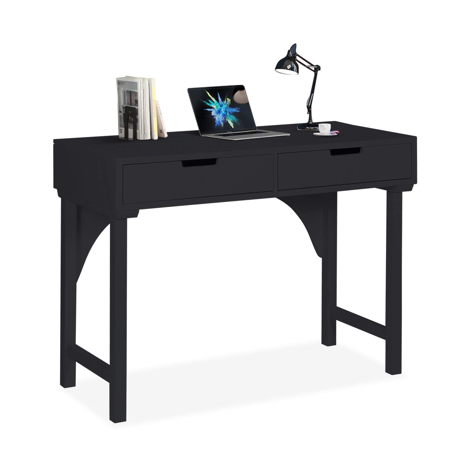 Modern Writing Computer Desk with Solid Wood Legs & 2 Drawers - Home Office Laptop Workstation, Study Desk, Makeup Vanity Table (Black) - Perfect for Small Spaces, Remote Work & Dorm Rooms