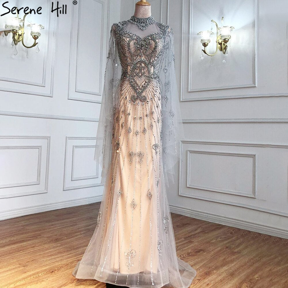 Serene Hill 2025 Luxury Grey Nude Cape Sleeve Beaded Mermaid Evening Gown - Elegant Sexy Women's Formal Dress for Prom, Gala & Special Occasions