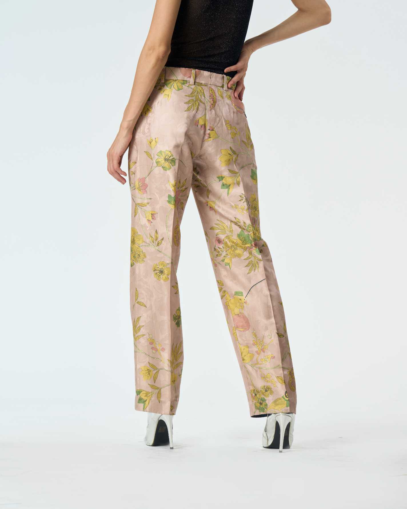 Champagne Pink Silk Damask Straight Fit Trousers for Women - Elegant Formal Pants for Office, Evening Events & Special Occasions