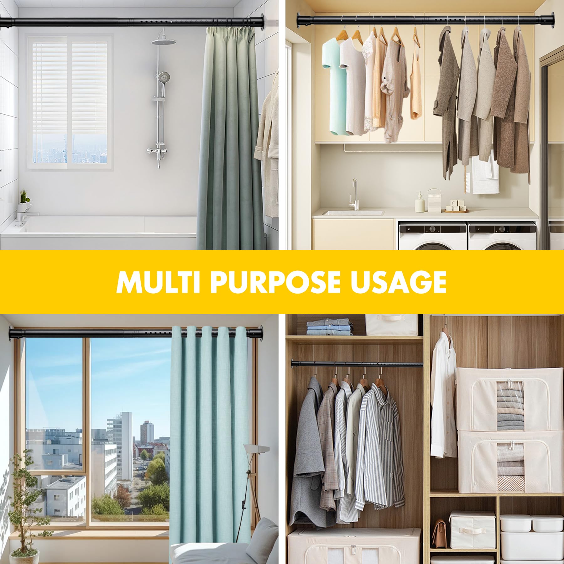 Adjustable Heavy Duty Closet Rod 17-96 Inch - Metal Garment Hanging Organizer for Wardrobes & Closets | Perfect for Hanging Clothes, Coats & Shower Curtains