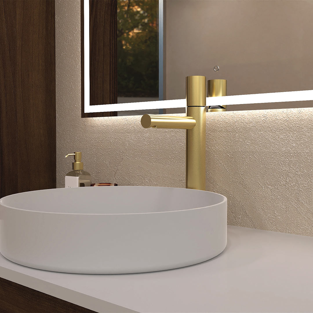 DAX Capri Single Handle Vessel Bathroom Sink Faucet with Brush Gold Finish - Modern Waterfall Spout Design for Bathroom Vanity, Powder Room, or Guest Bath (Model DAX 4323B BG)