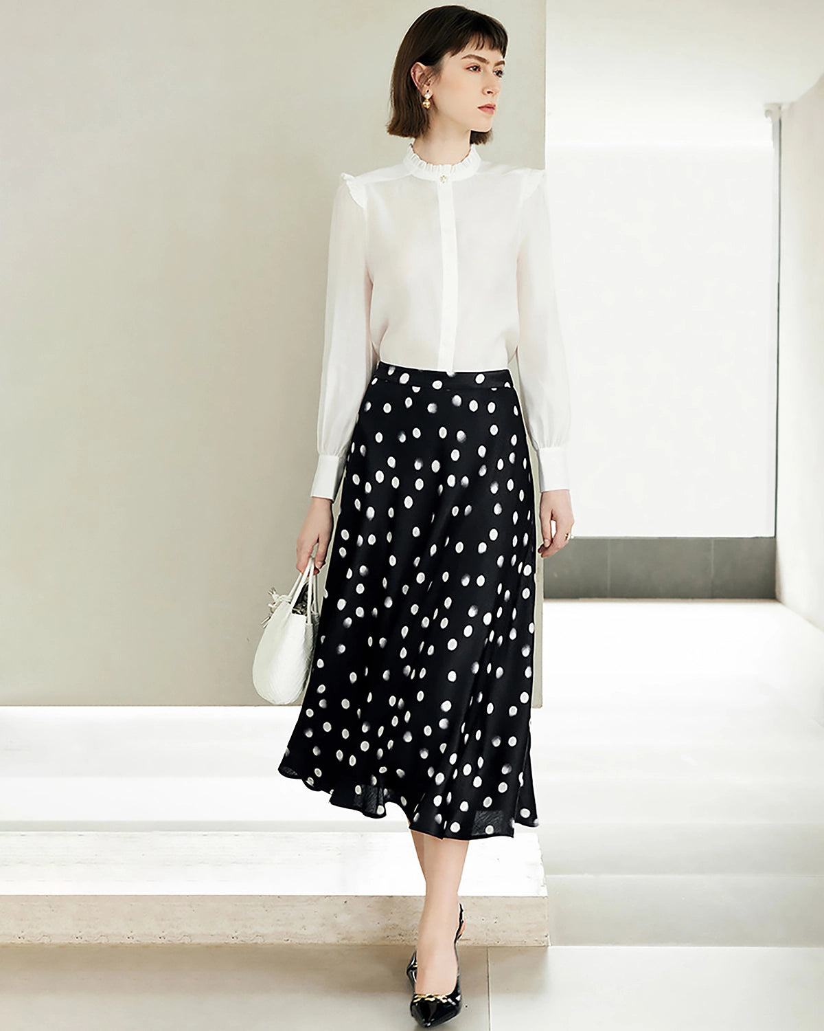 Polka Dot Print Silk Midi Skirt for Women - Elegant Flowy A-Line Skirt with Side Slit | Perfect for Office Wear, Date Night & Summer Outfits