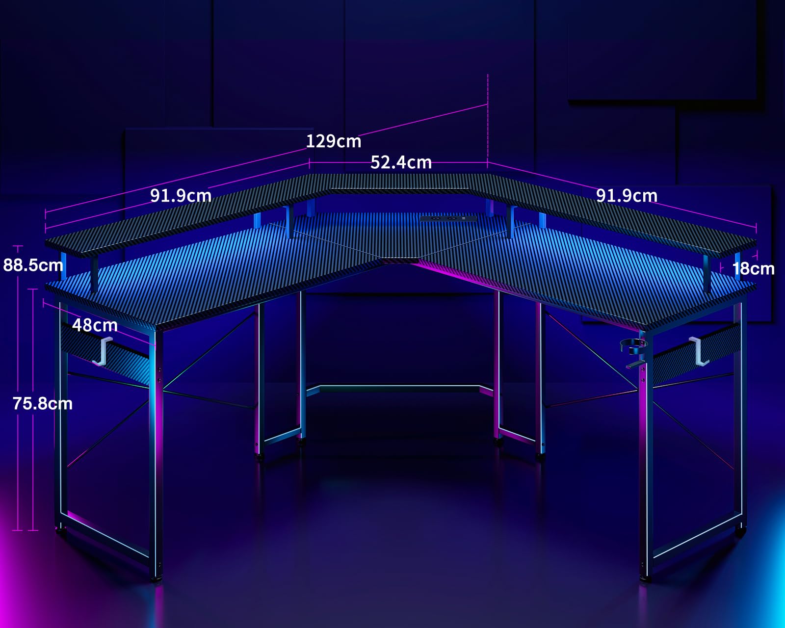 ODK 129x129 cm Gaming Desk with LED Lights, PC Computer Desk with 2 Power Outlets & 2 USB Ports, Large Monitor Stand, Carbon Fiber Black - Perfect for Esports, Streaming & Home Office Setup