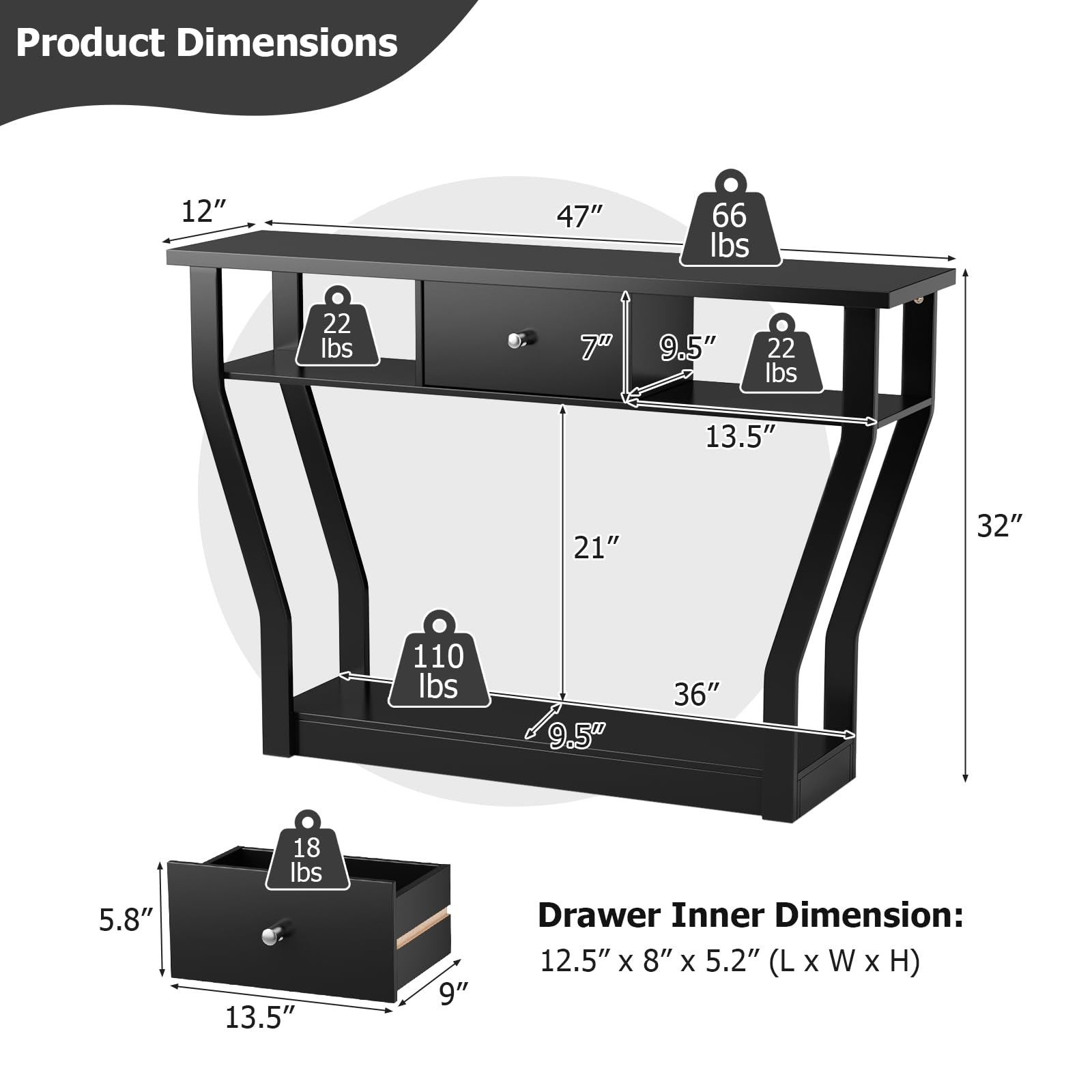 3 Tier Console Table with 1 Drawer & 2 Storage Shelves - Modern Black Sofa Table for Entryway, Living Room, Hallway - Perfect for Small Spaces & Home Decor