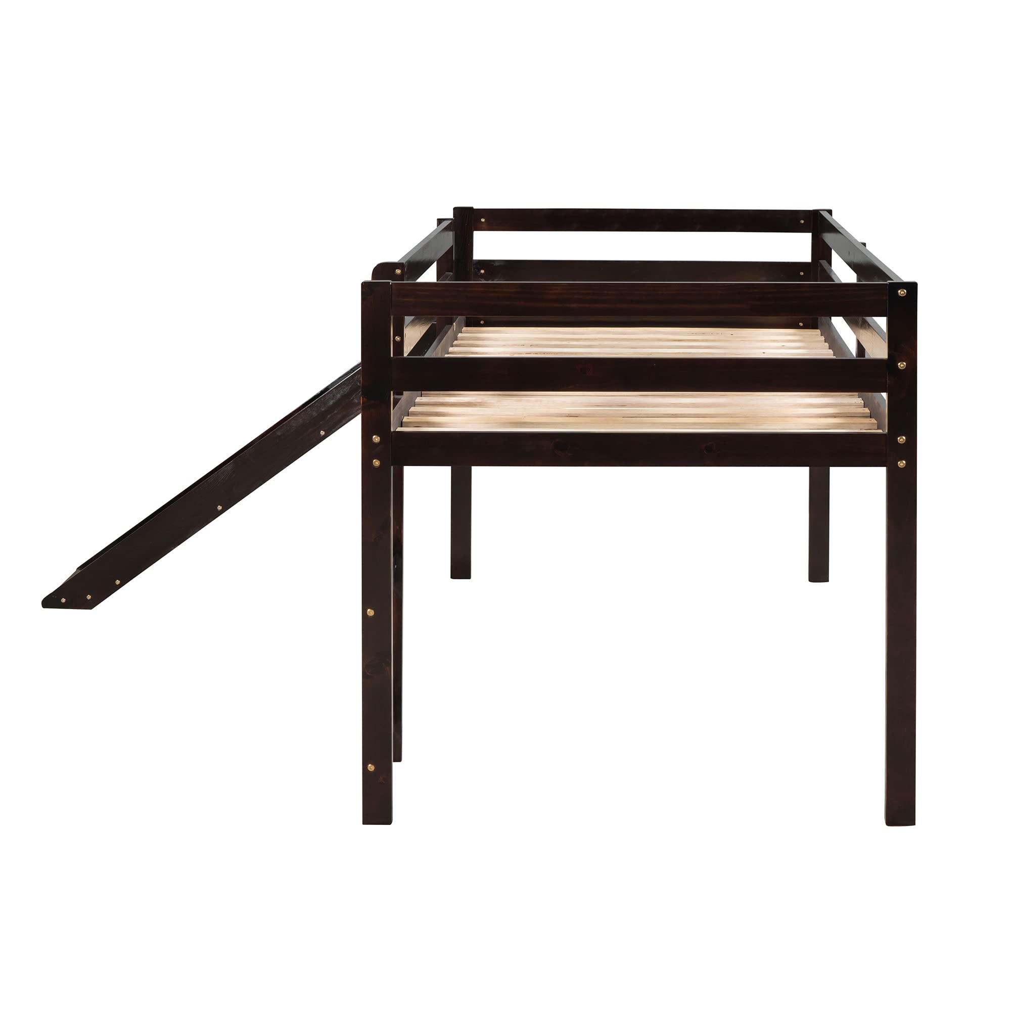 Harper & Bright Designs Twin Size Kids Low Loft Bed with Slide - Wooden Loft Bed Frame in Espresso - Perfect for Small Bedrooms & Playrooms