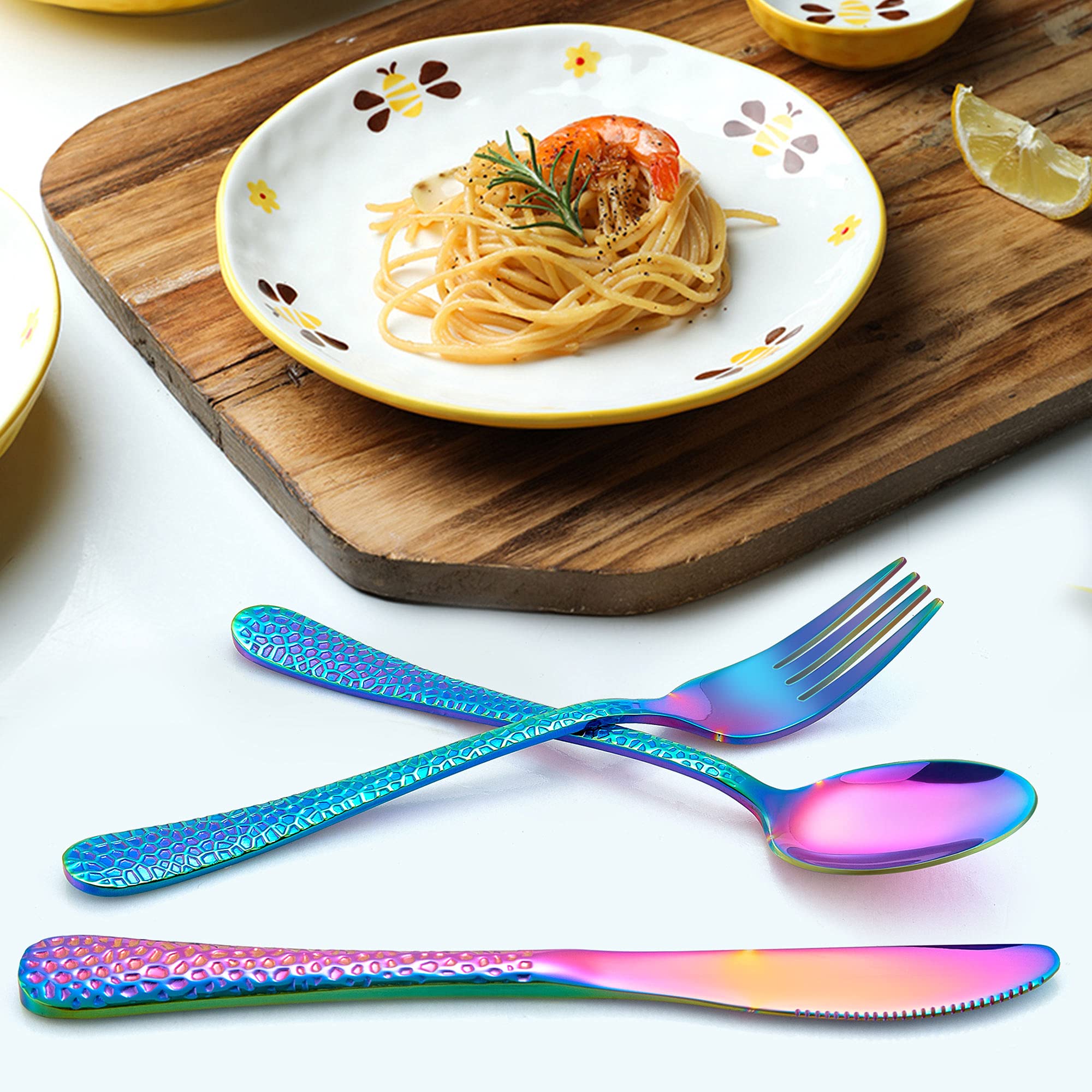 12-Piece Rainbow Kids Silverware Set - Stainless Steel Toddler Utensils with Hammered Design | Dishwasher Safe Cutlery Set for Preschoolers | Includes Knives, Forks & Spoons | Perfect for Birthday Gifts, School Lunches & Family Dining