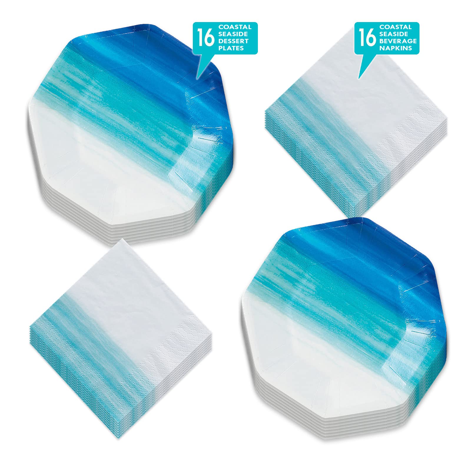 Elegant Coastal Blue Paper Dessert Plates & Beverage Napkins Set - 16-Piece for Parties, Weddings & Events - Perfect for Beach Themed Celebrations & Summer Gatherings