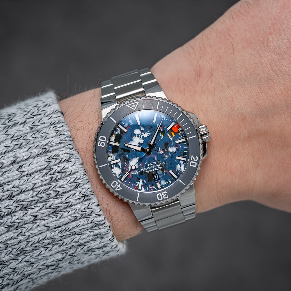 Aquis Date 2024 Upcycle 41.5mm Multi-Colored Stainless Steel Bracelet Watch - Perfect for Diving, Swimming & Everyday Wear