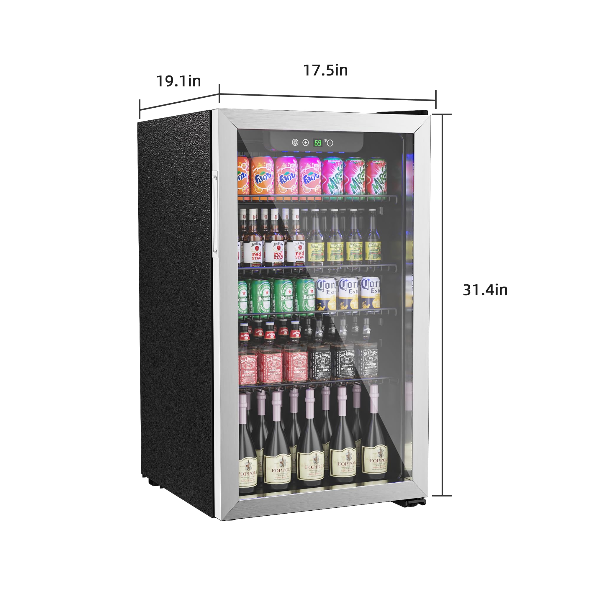 Compact 3.2 Cu Ft Freestanding Beverage Refrigerator - 126 Can Capacity Mini Fridge with Reversible Glass Door for Soda, Beer, Wine - Adjustable Shelves Under Counter Drink Cooler - Perfect for Home Bar, Office, Dorm Room or Kitchen