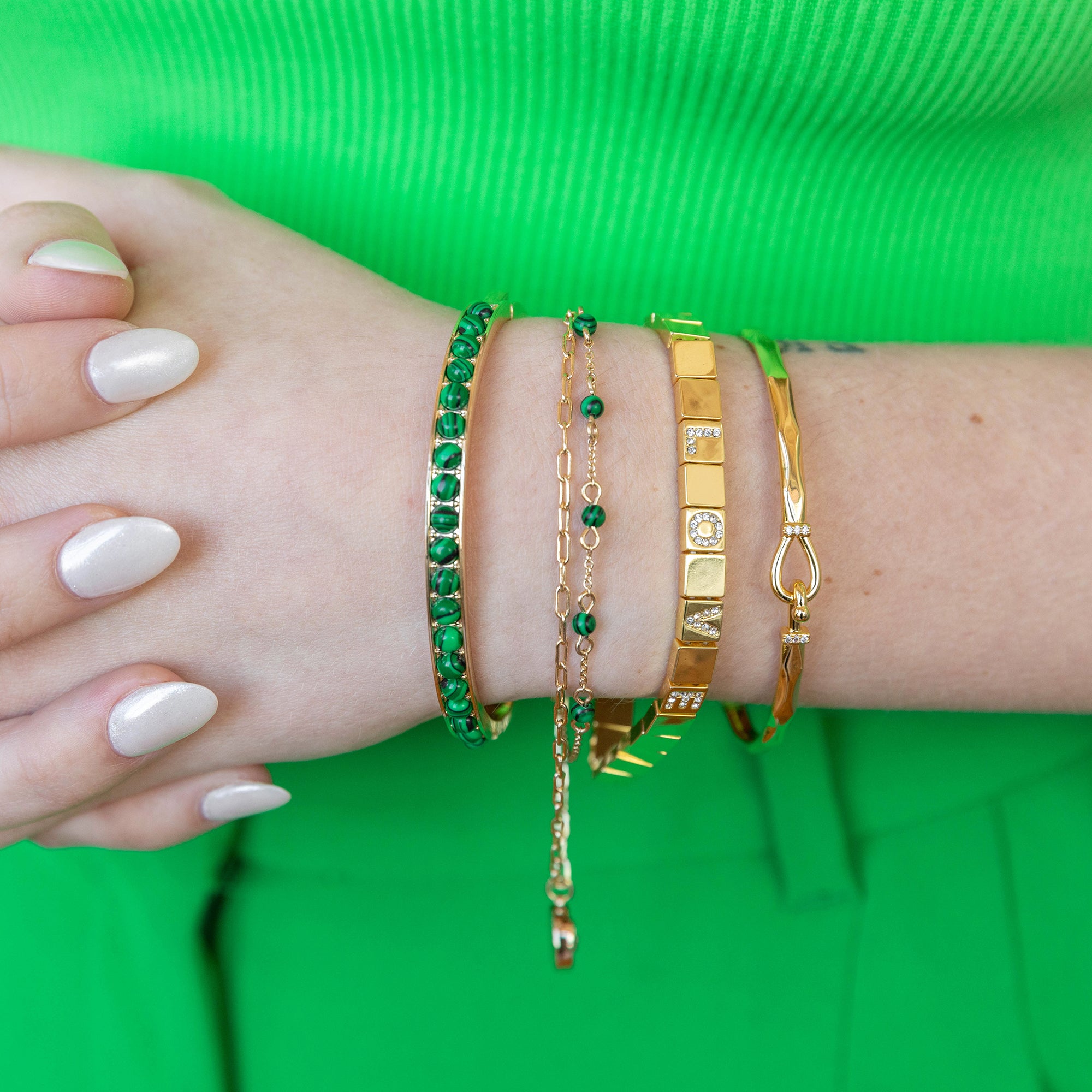 Reconstituted Malachite Gemstone Hinge Bangle Bracelet - Elegant Jewelry for Women, Perfect for Parties, Weddings & Special Occasions