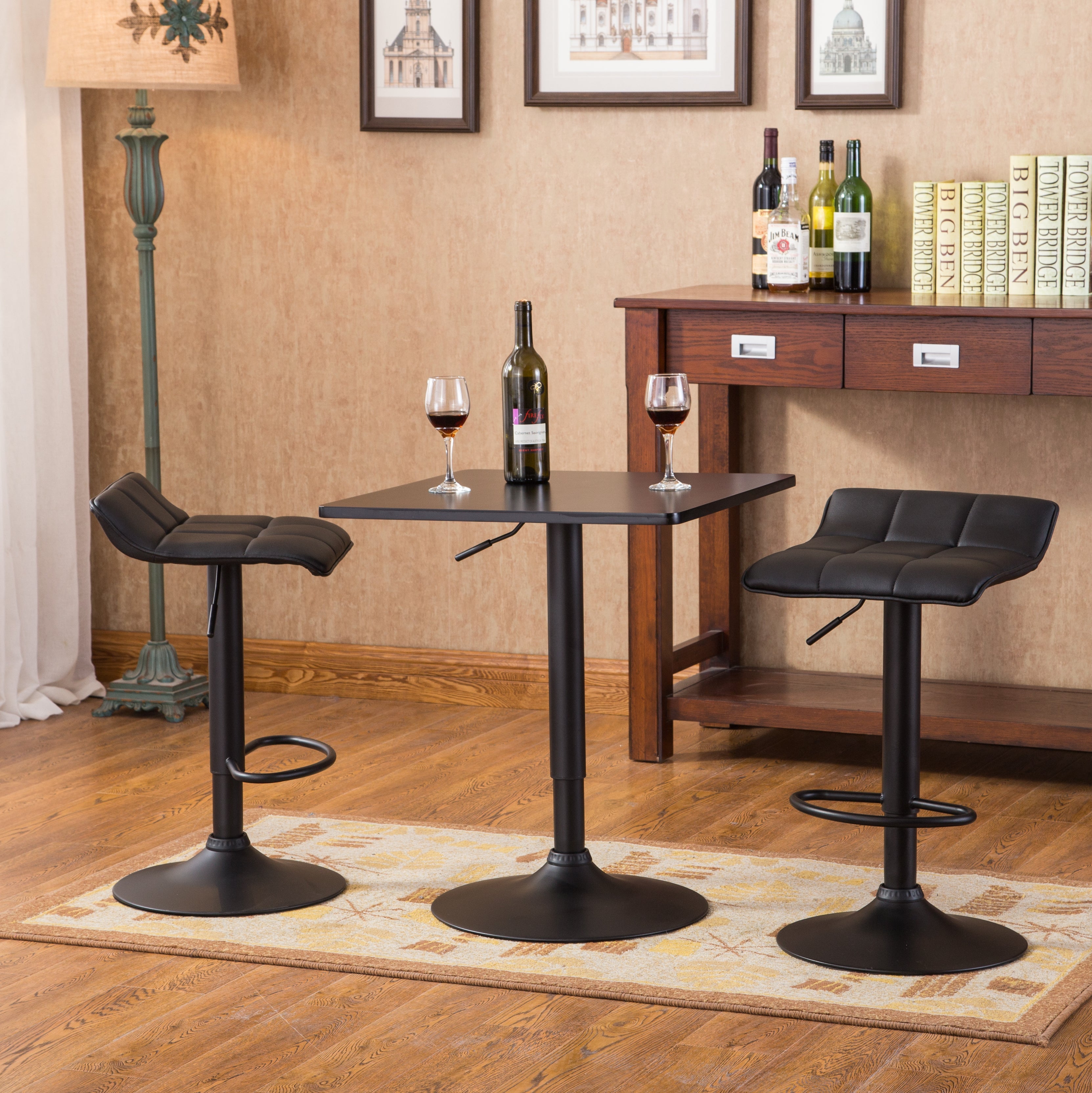 Roundhill Furniture Belham Black Square Adjustable Metal Base 3-Piece Bar Table Set - Modern Counter Height Dining Set for Kitchen, Bar, or Patio