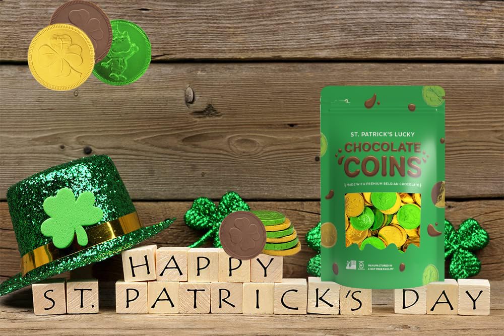 Premium Belgian Nut-Free Milk Chocolate Coins - 2 Pounds Saint Patrick's Day Shamrock Leprechaun Green & Gold Chocolate Coins (Approx. 180 Pieces), Kosher Certified | Perfect for St. Patrick's Day Gifts, Party Favors & Holiday Treats
