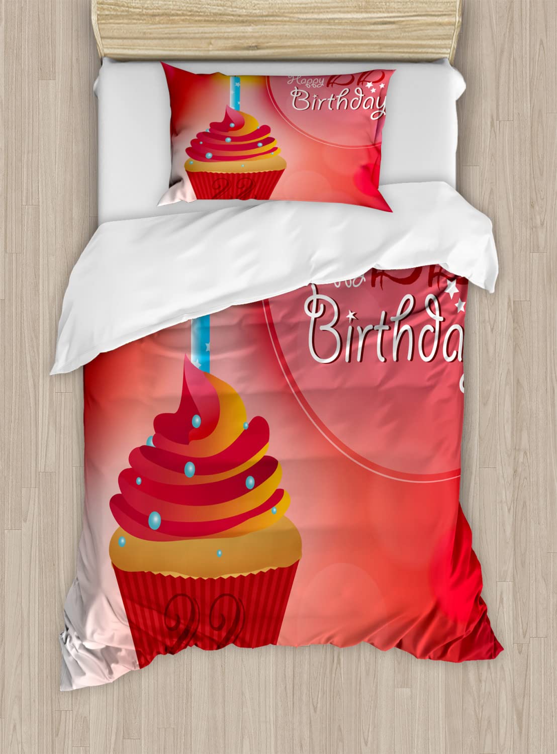 Ambesonne 22nd Birthday Duvet Cover Set - Romantic Cupcake with Candles Celebration Theme, 2-Piece California King Size Bedding Set with 4 Pillowcases (Red Scarlet Blue) - Perfect for Birthday Parties, Dorm Rooms & Guest Bedrooms