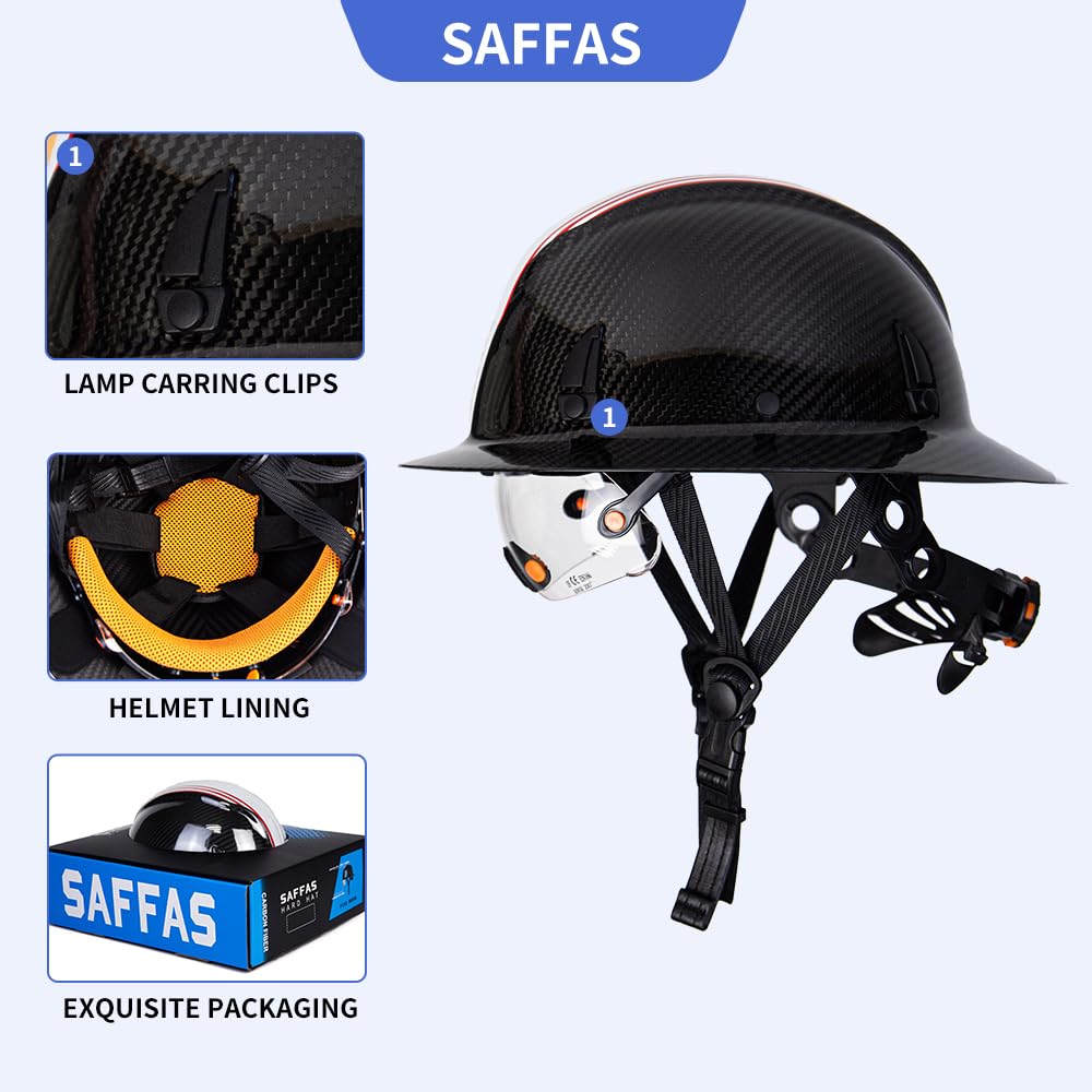 Carbon Fiber Full Brim Hard Hat Safety Helmet with Goggles & Adjustable 6-Point Suspension - OSHA Approved for Construction, Mining & Industrial Work | Includes Leather Chin Strap & Neck Protection