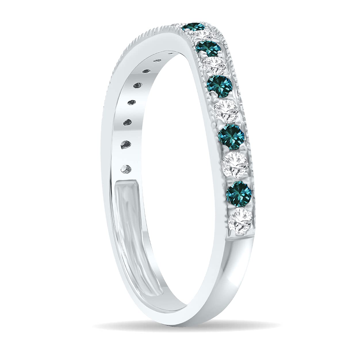 10K White Gold Women's 3/8 Carat TW Blue & White Diamond Curved Band Ring - Elegant Wedding, Anniversary or Everyday Jewelry Gift