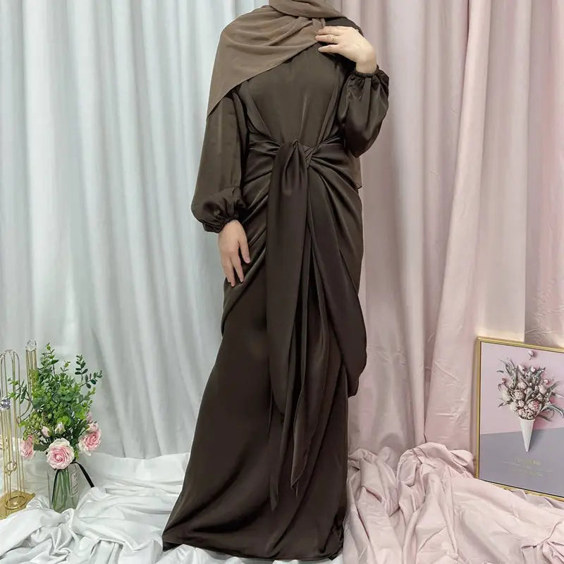 Elegant Satin Abaya Dress with Midi Wrap - Modest Muslim Women's Prayer Dress for Eid, Ramadan & Special Occasions