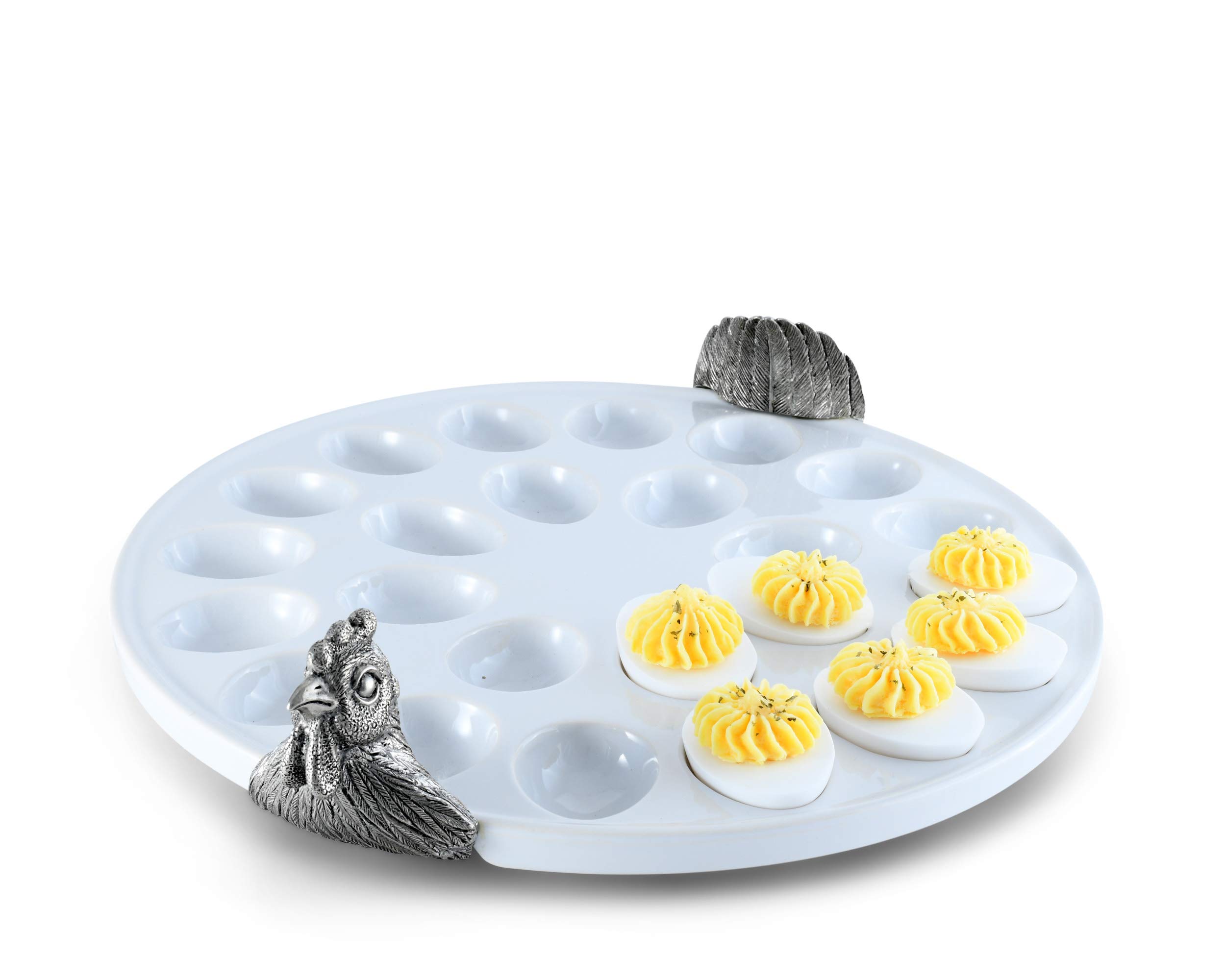 Vagabond House Pewter Chicken Deviled Egg Stoneware Tray - 13 Inch Diameter Rustic Farmhouse Serving Dish for Easter, Brunch, and Party Appetizers
