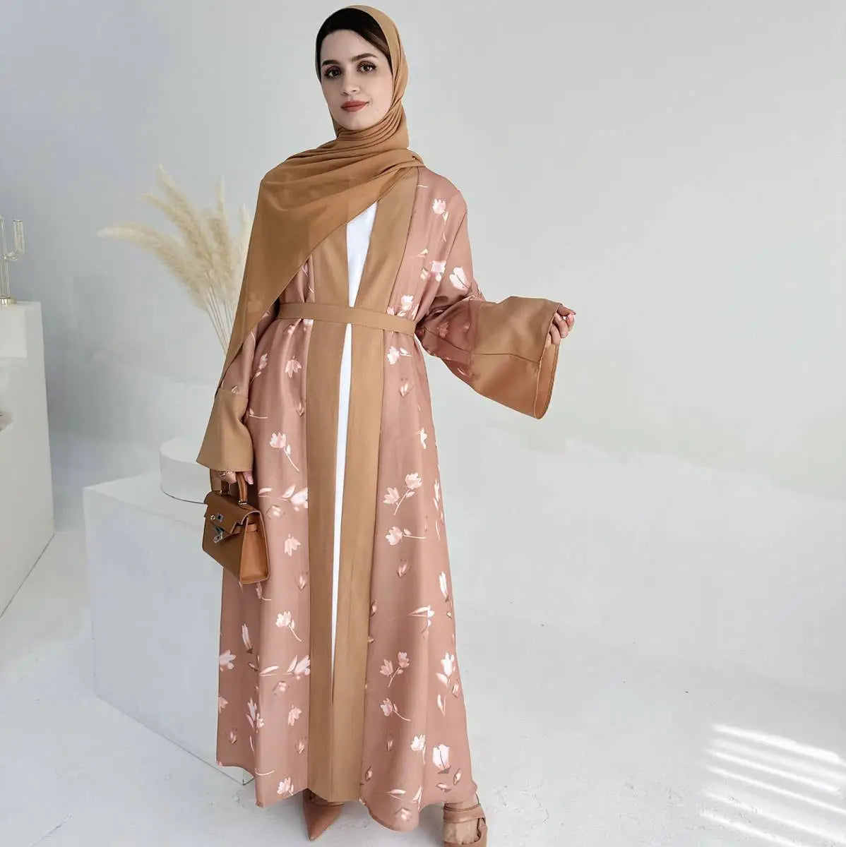 Elegant Muslim Women's Printed Open Abaya Dress - Modest Islamic Fashion for Prayer & Daily Wear