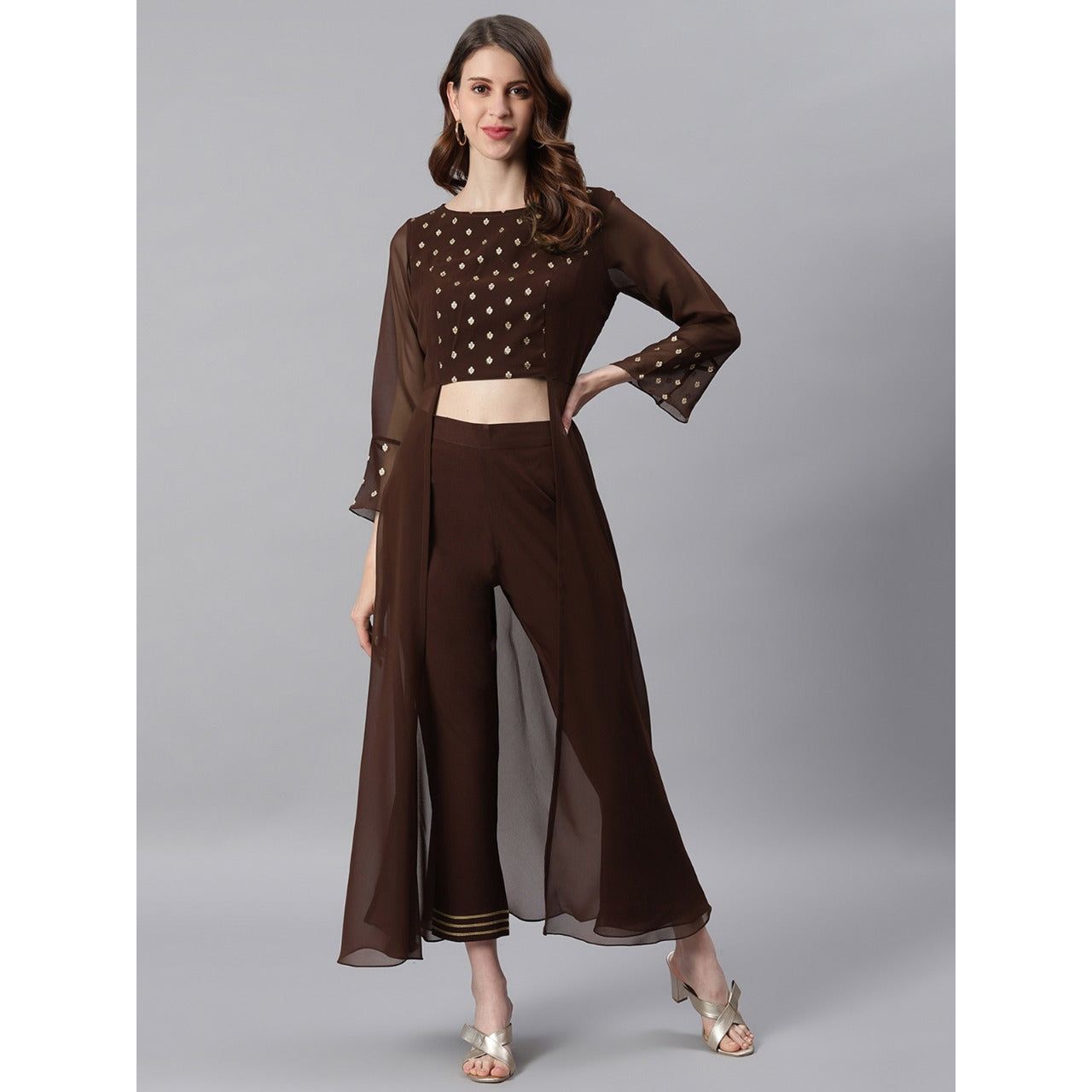 Elegant Brown & Gold 2-Piece Indian Fusion Outfit Set for Women | Ethnic Party Wear | Wedding Guest Outfit | Festival Fashion | Diwali & Holi Celebration Attire