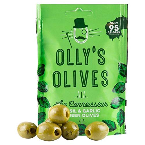 Olly's Olives Premium Basil & Garlic Green Halkidiki Olives - Gourmet Greek Snack - 50g (0.11 lbs) - Perfect for Charcuterie Boards, Cocktail Parties & Mediterranean Cooking