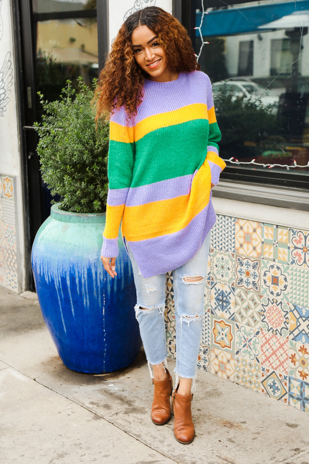 Love Found Mardi Gras Mohair Stripe Rib Knit Tunic Sweater for Women - Cozy Winter Pullover with Colorful Stripes - Perfect for Parties, Festivals & Casual Outings