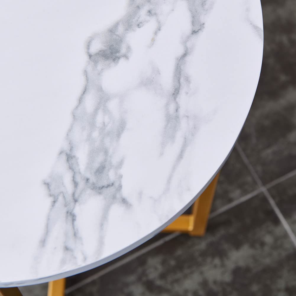 Modern Round Side Table with Marble Top & Gold Metal Frame - 16