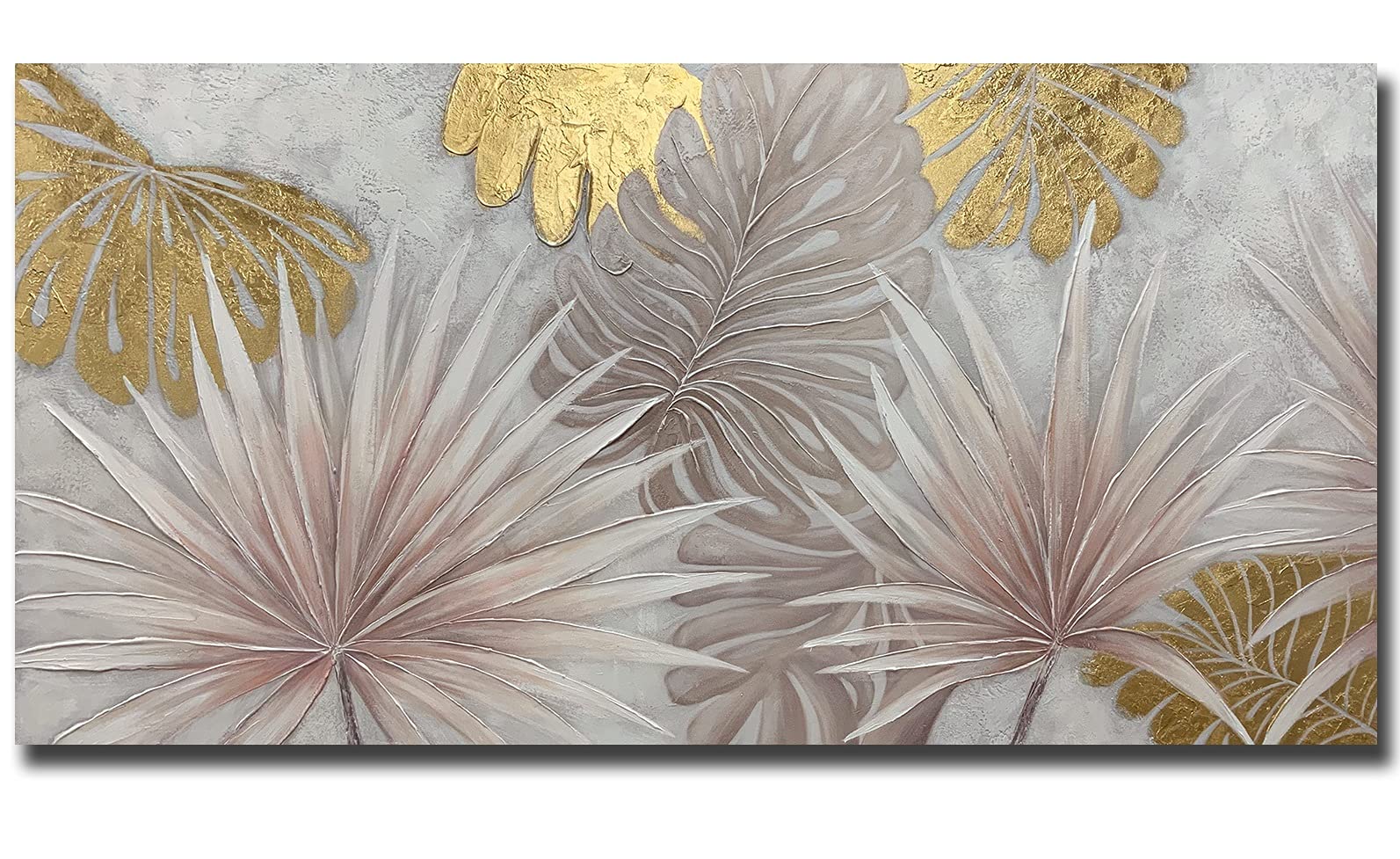 Hand-Painted 3D Modern Oil Painting on Canvas - Golden Pink Leaf Wall Art with Wood Frame for Living Room, Bedroom & Hotel Decor - Perfect Housewarming Gift (48x24 Inches) - Elegant Home & Office Wall Decor