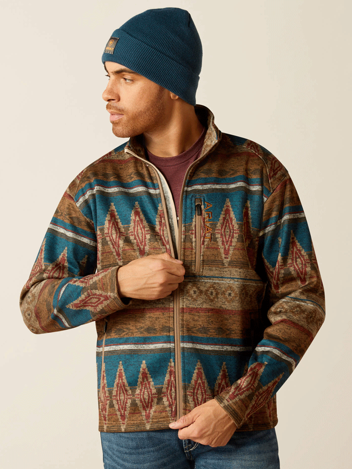 Ariat Men's Caldwell Full Zip Sweater - Oxford Tan Southwest Print | Warm Fleece Pullover for Outdoor Activities, Casual Wear & Western Style Fashion