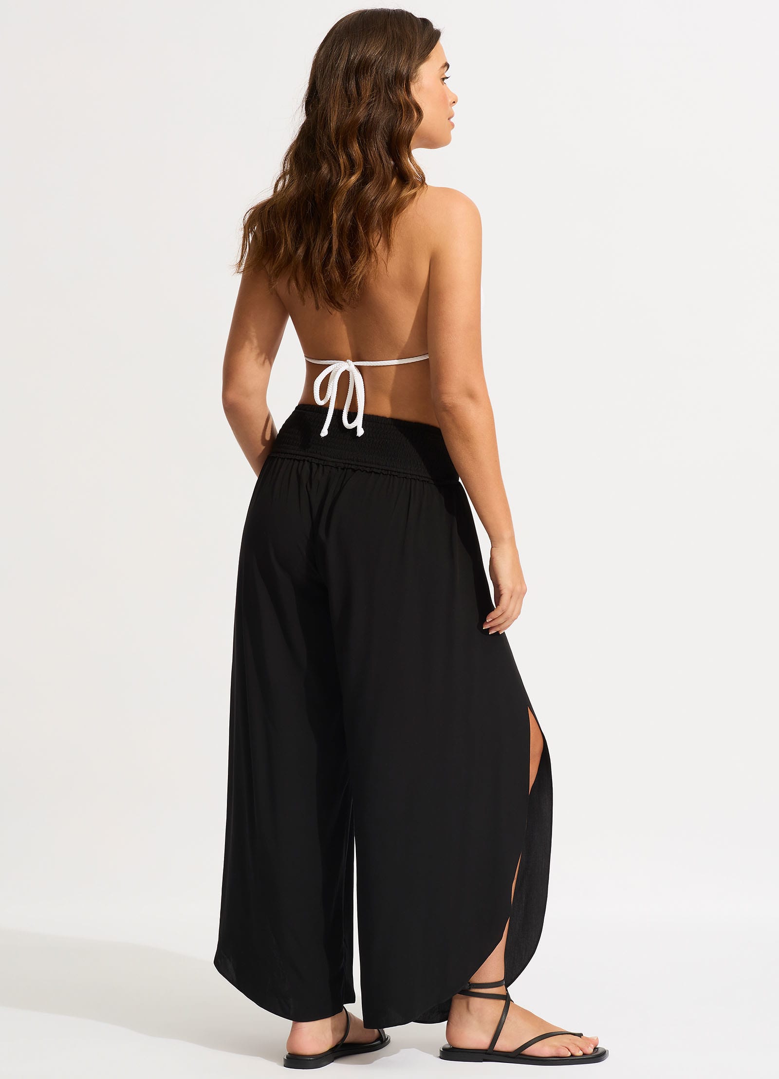 Shirred Waist Wrap Pants for Women - Stretchy High Waisted Lounge Pants in Black | Perfect for Yoga, Home Wear & Casual Outfits