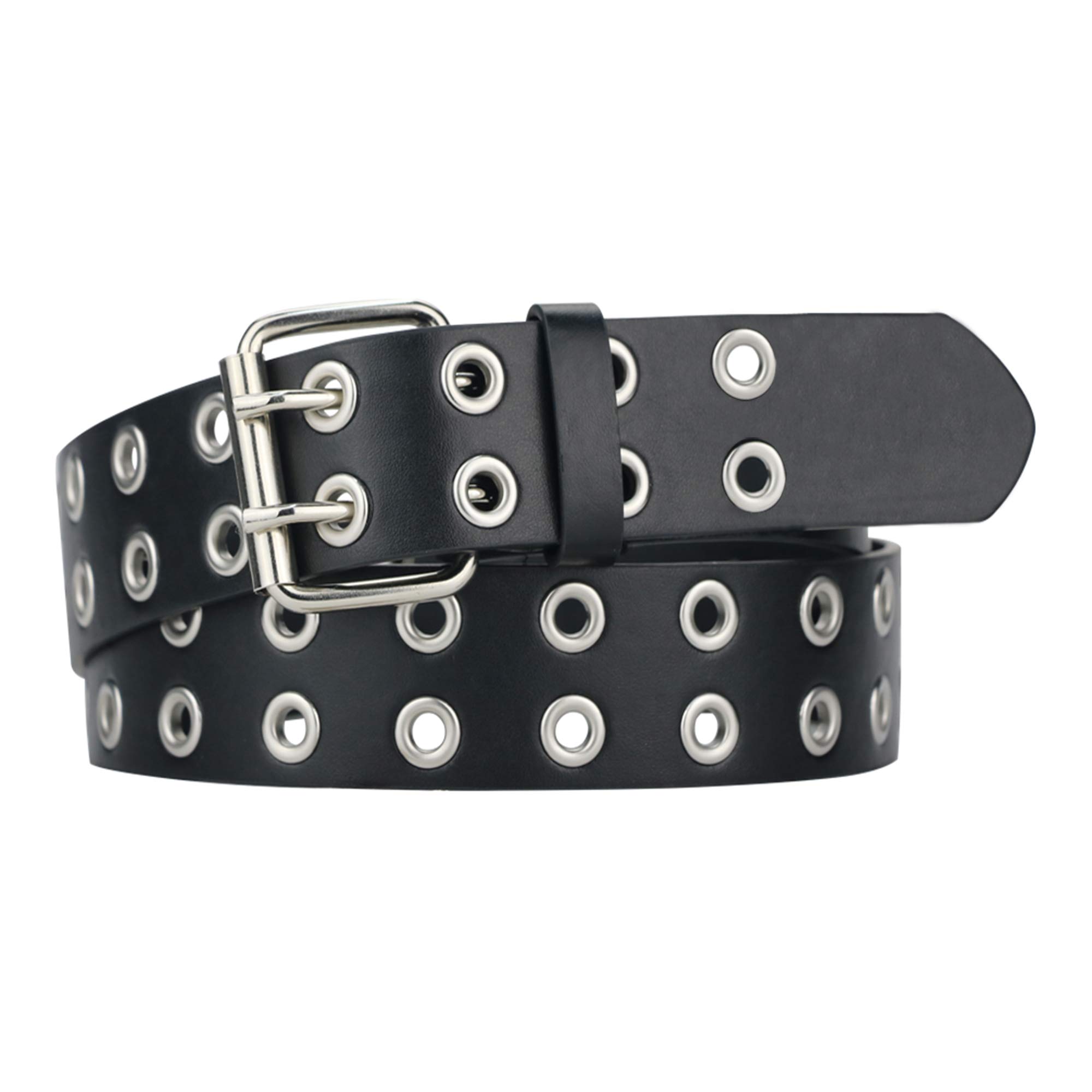 Stylish Grommet Leather Belts for Women & Men - Adjustable Black Belt with Double Hole Design - Perfect for Casual Wear, Office Outfits & Jeans
