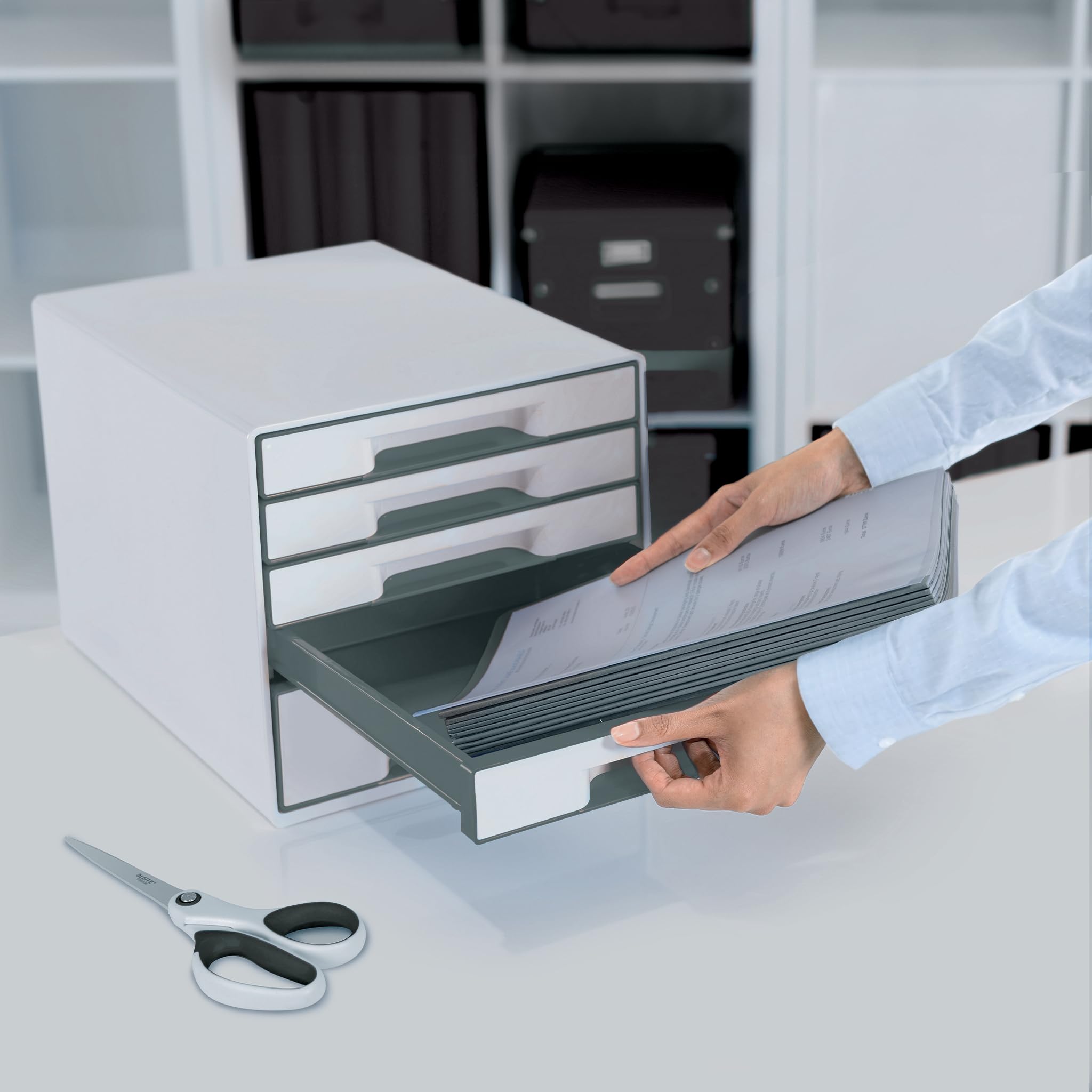 Leitz CUBE 4-Drawer Organizer Box - White/Grey A4 Size with Clear Drawer Inserts (52142001) - Perfect for Office, Home & School Storage Solutions