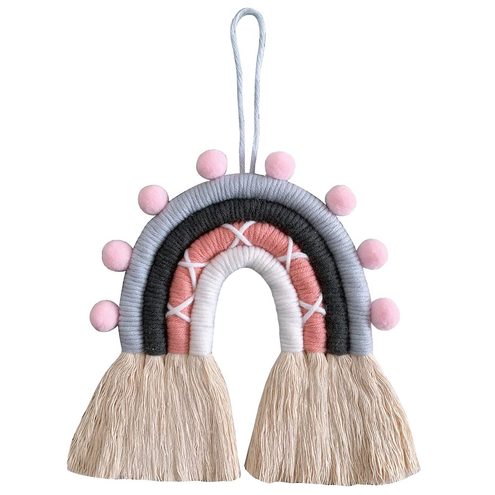 Handwoven Rainbow Macrame Wall Hanging - Bohemian Nursery Decor with Blue & Pink Pom Pom Trim (10.6x7.5 inches) - Perfect for Baby Room, Kids Bedroom & Boho Home Decoration