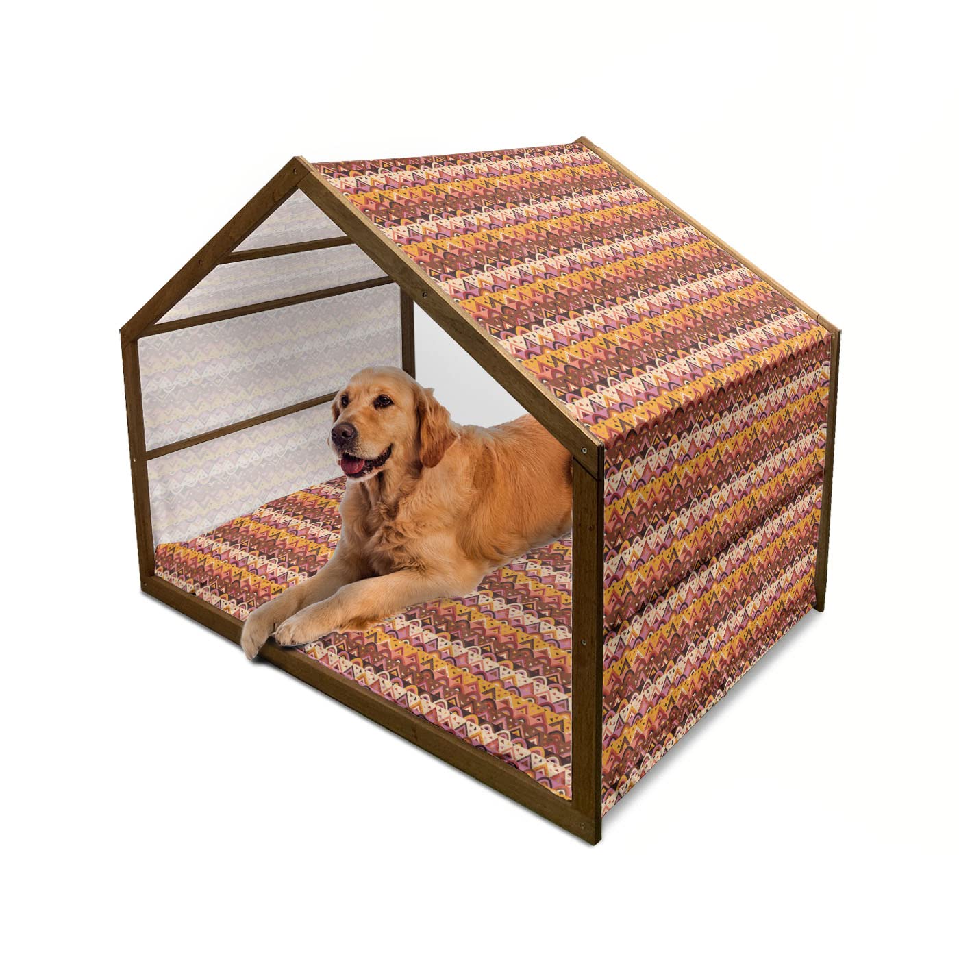 Ambesonne Tribal Wooden Dog House - Mexican Folk Aztec Style Inspired Pattern with Semicircle & Triangle Design, Indoor & Outdoor Portable Pet Kennel with Pillow & Cover, X-Large Multicolor - Perfect for Backyard, Patio, or Home Decor