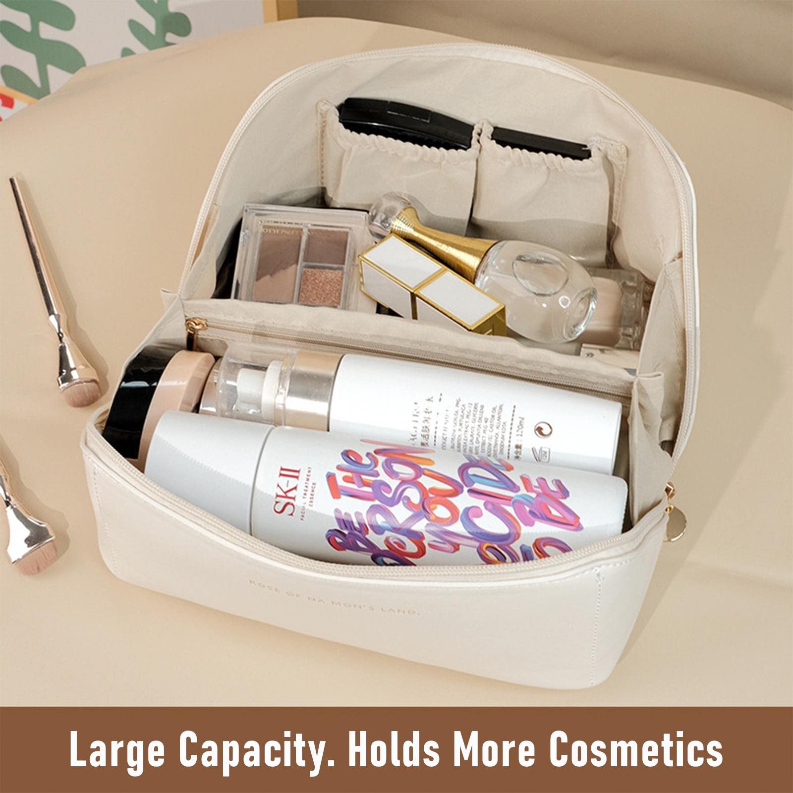 Portable Makeup Bag - Large Capacity Travel Cosmetic Organizer, Waterproof PU Leather Double Layer Cosmetic Case for Women | Perfect for Skincare Kits, Cosmetics & Toiletries | Ideal for Travel, Gym & Daily Use (White)