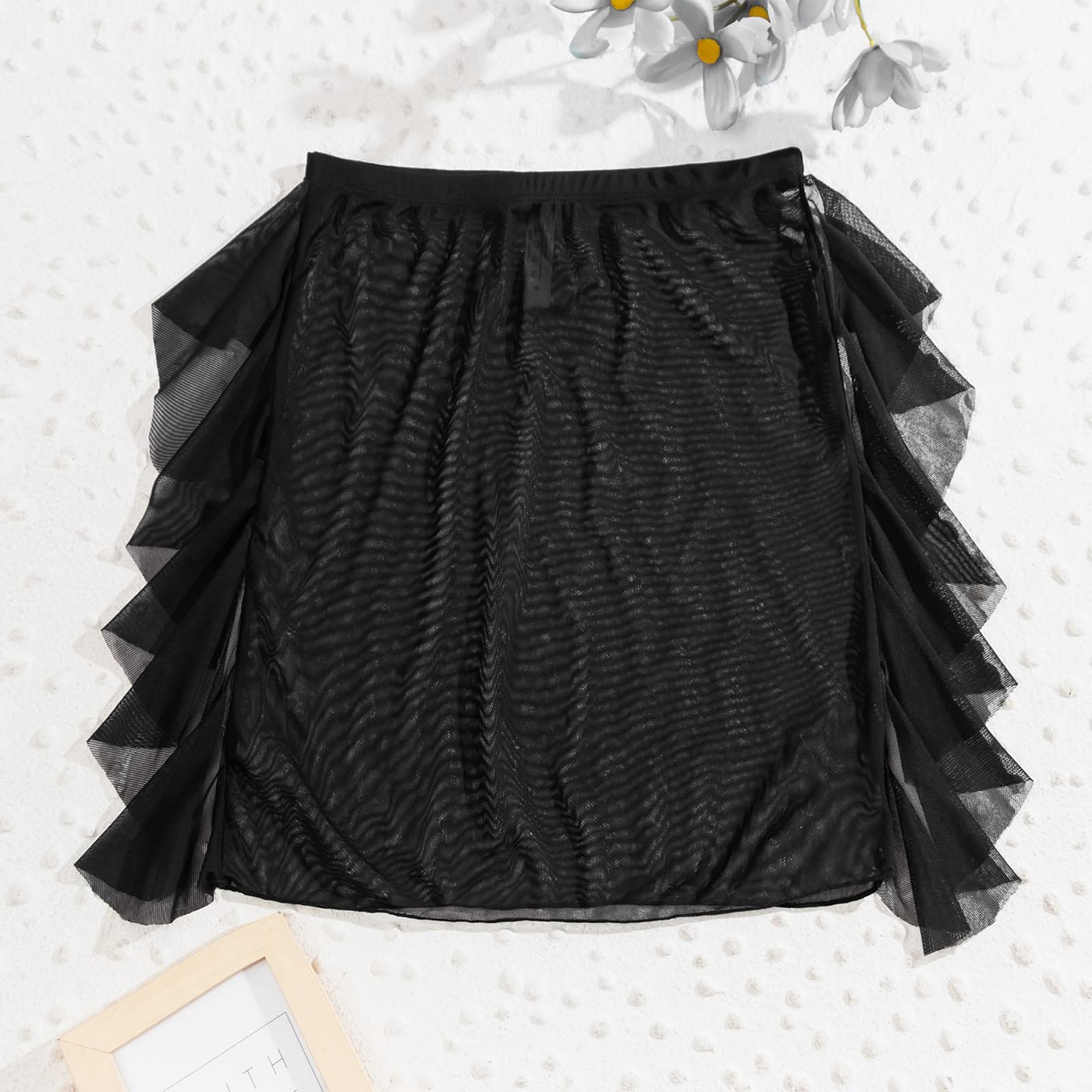 Women's Black Ruffle Trim Sheer Beach Cover Up Skirt - Bikini Wrap & Lingerie Mesh Bustier for Summer Vacation, Pool Party & Tropical Getaway