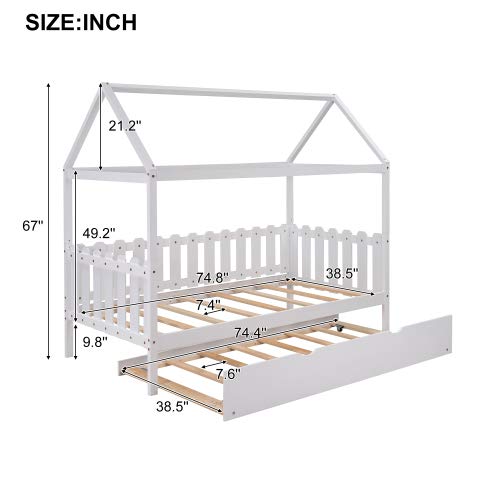 Twin Size Wooden House Bed with Trundle - Fence-Shaped Guardrail & Slatted Support Frame - No Box Spring Needed (White) - Perfect for Kids' Bedroom, Guest Room or Small Space Nursery