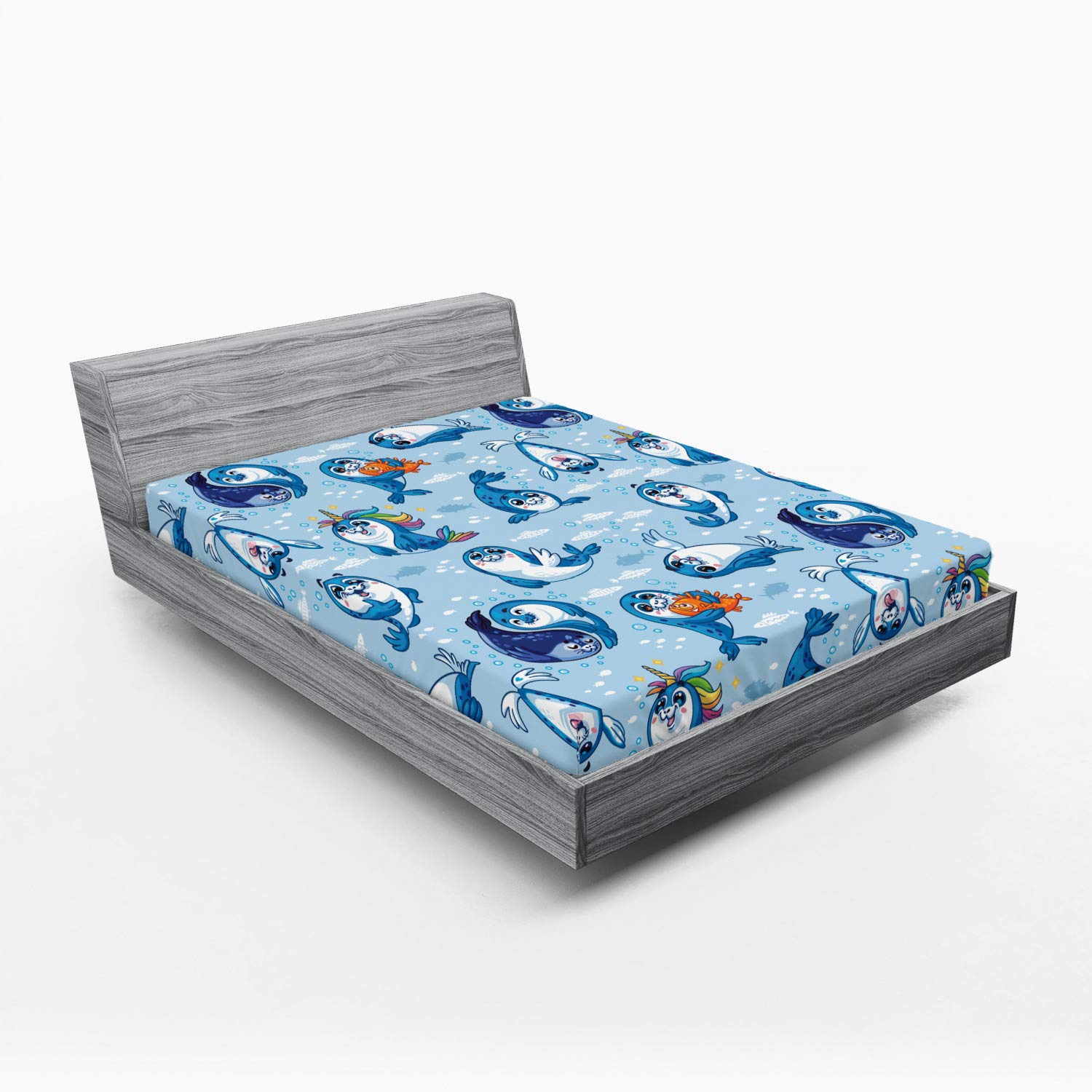 Ambesonne King Size Fitted Sheet - Sea Animals & Seal Pup Aquatic Wildlife Design with Water Bubbles, Deep Pocket All-Around Elastic for Comfort, Blue White Marigold - Perfect for Kids' Rooms, Beach Houses & Ocean-Themed Bedrooms