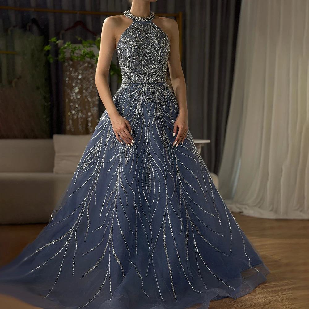 Elegant Blue Arabic A-Line Halter Gown - Luxury Dubai Evening Dress for Women | Wedding, Party & Special Occasion Wear | 2025 Fashion LA72302